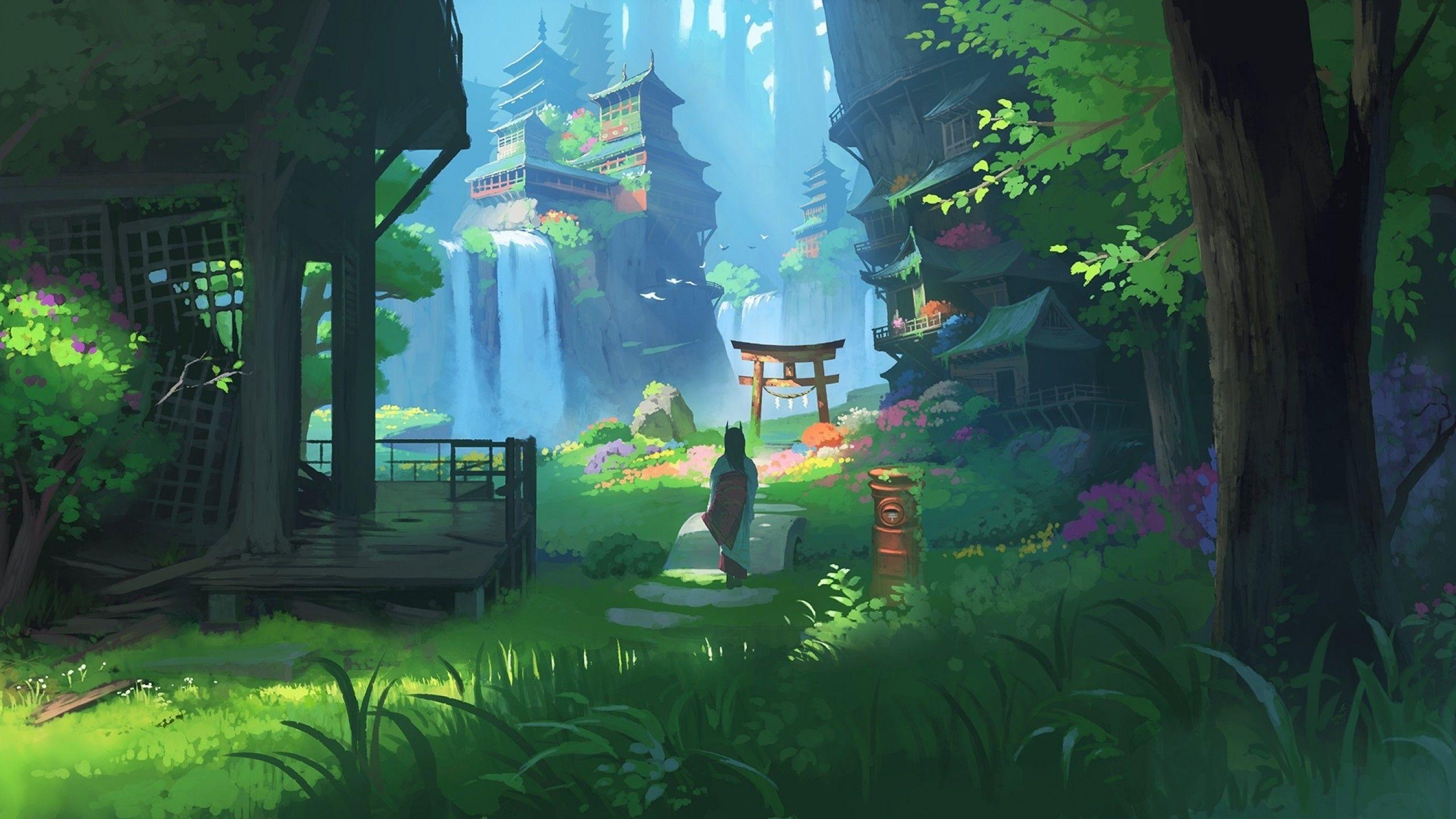 2560x1440 Download 2560x1440 Anime Landscape, Waterfall, Fantasy, Asian Buildings, Japanese Clothes, Horns Wallpaper for iMac 27 inch