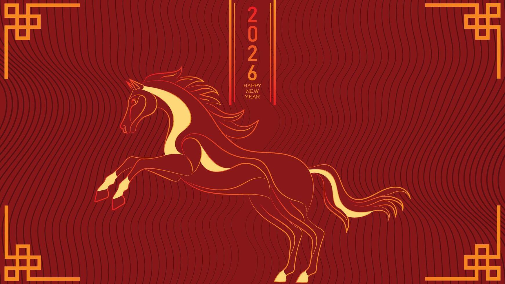 1742x980 Flat Minimalist Horse Lunar New Year 2026 Greeting Background with Red and Gold Colors Flowing Wave Pattern Jumping Horse Illustration Traditional Asian Frame and Vertical Typography