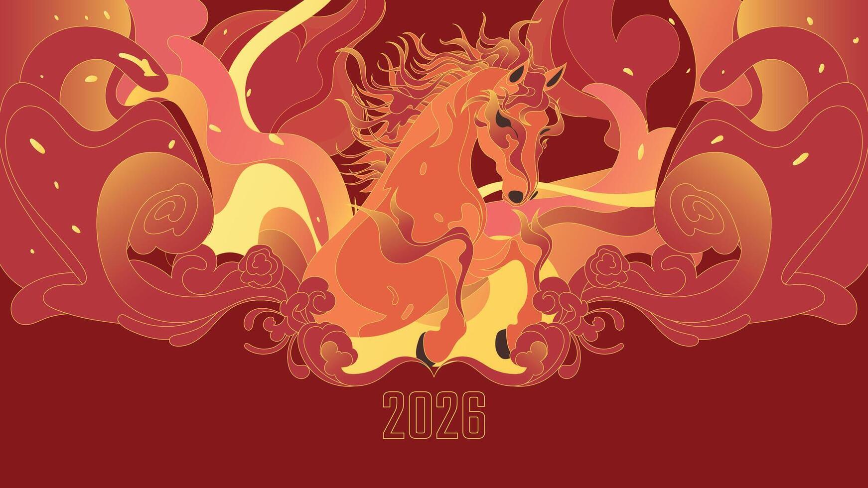 1742x980 Happy Chinese New Year 2026 background featuring a majestic fire horse zodiac with traditional oriental clouds and fire elements, flat illustration for lunar celebration