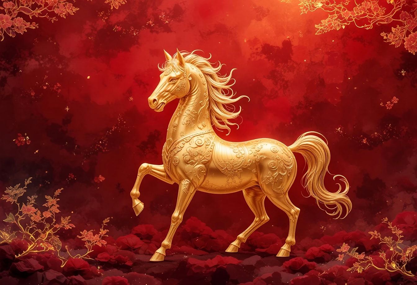 1344x920 Free Picture: Free Background For Chinese New Year, Golden Horse On A Dark Red Background