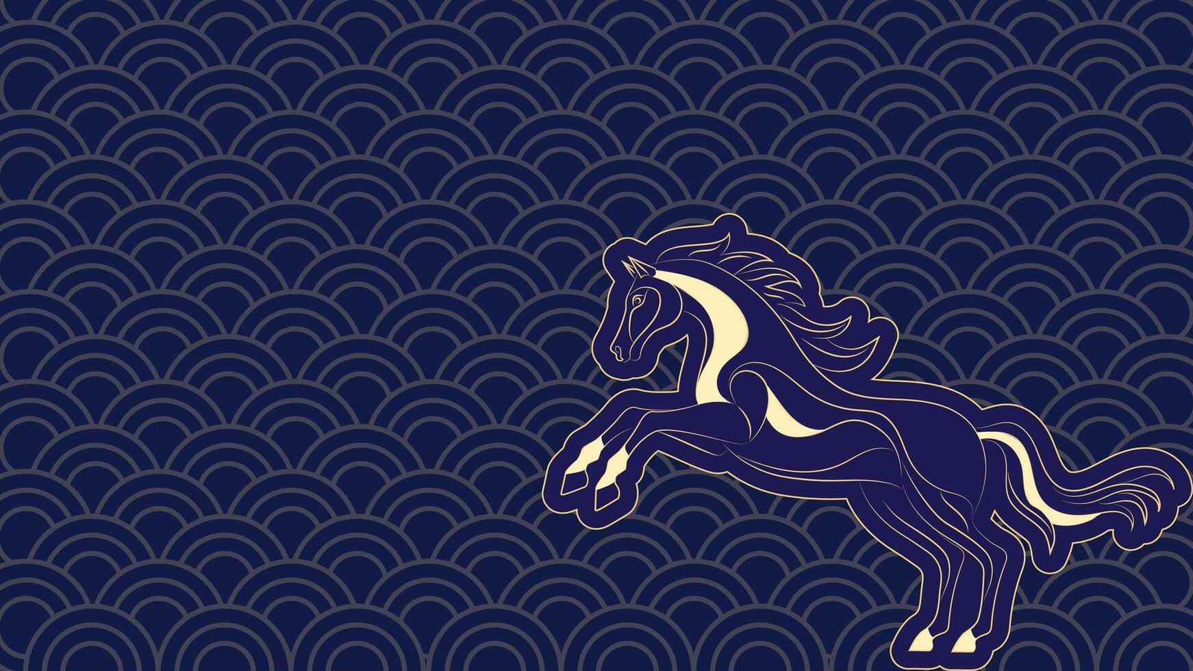 1742x980 Minimalist Asian Style Horse Silhouette in Gold and Dark Blue with Seamless Wave Pattern for Lunar New Year Celebration Background Banner and Cultural Design