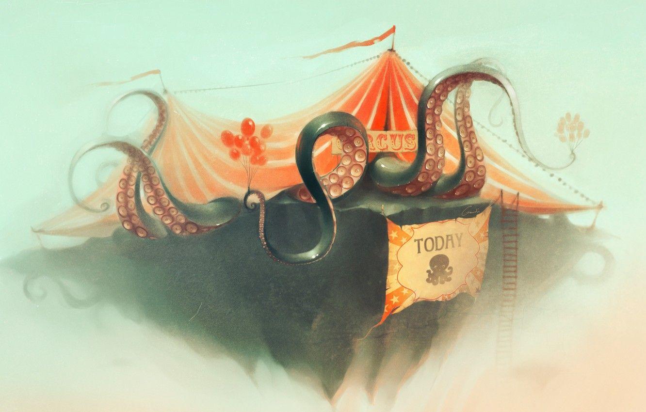 1332x850 Wallpaper balloons, circus, art, octopus, ladder, poster, tent