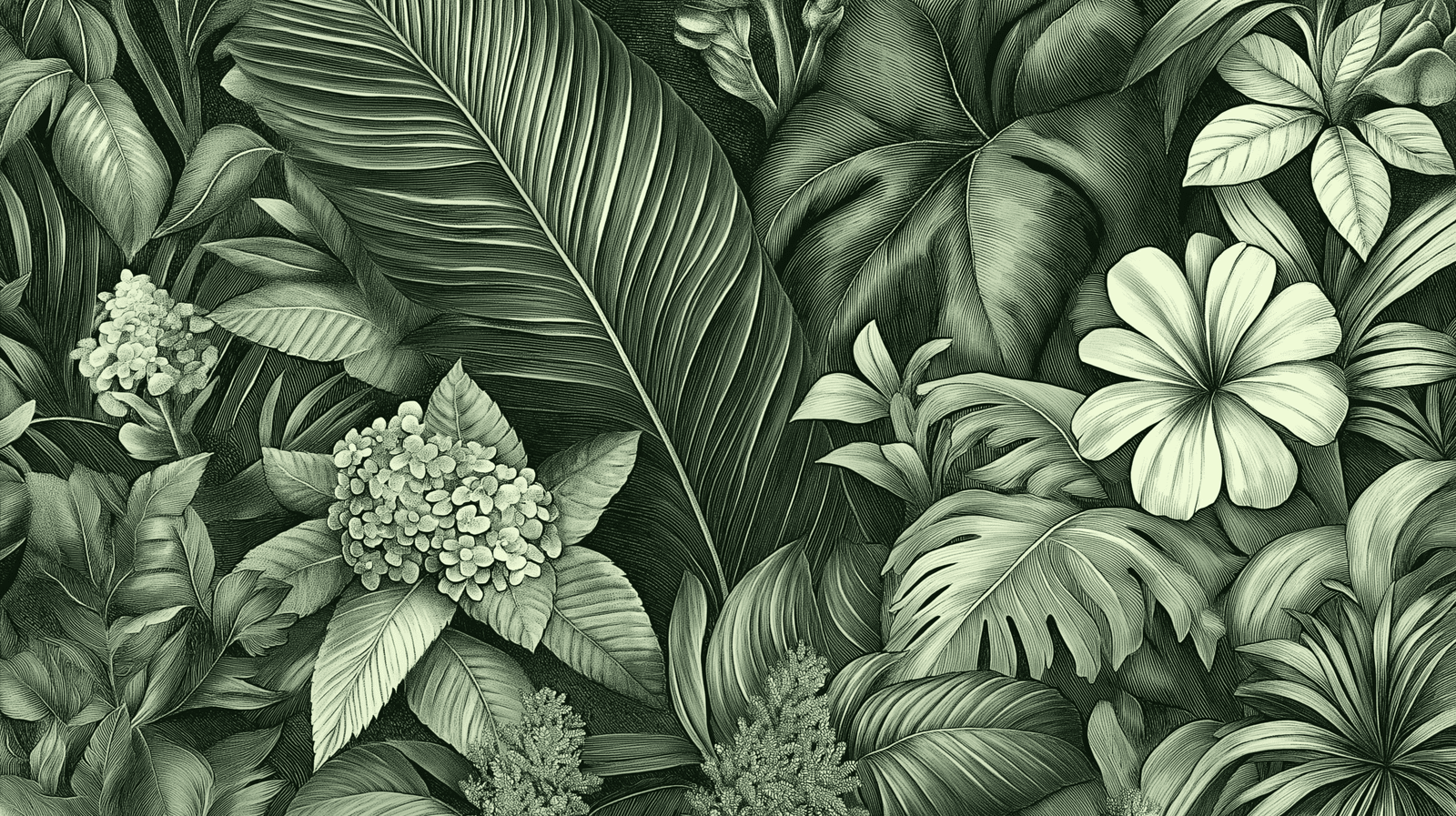 1600x897 Mural Wallpaper tropical. Lush foliage with delicate floral patterns