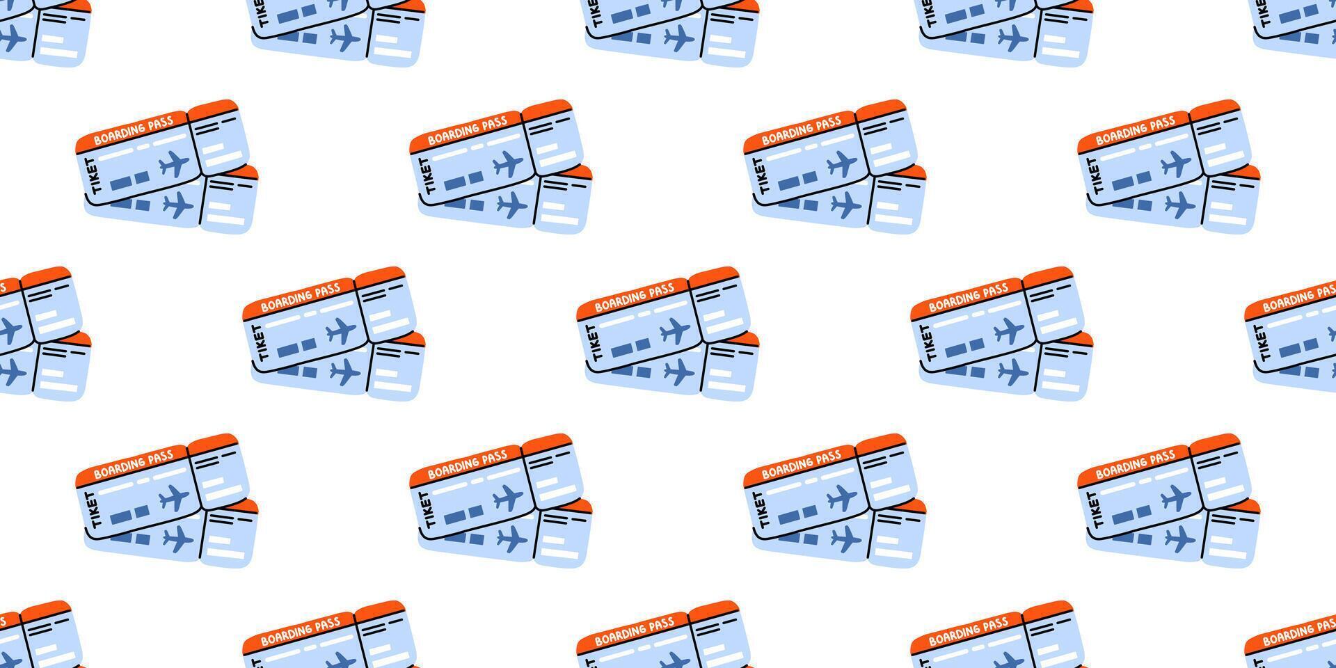 1920x960 seamless pattern with airplane ticket and boarding pass on white background. Modern aviation travel holiday trip design for airport wallpaper, wrapping paper, fabric, cover print in flat style. 79901522 Vector Art