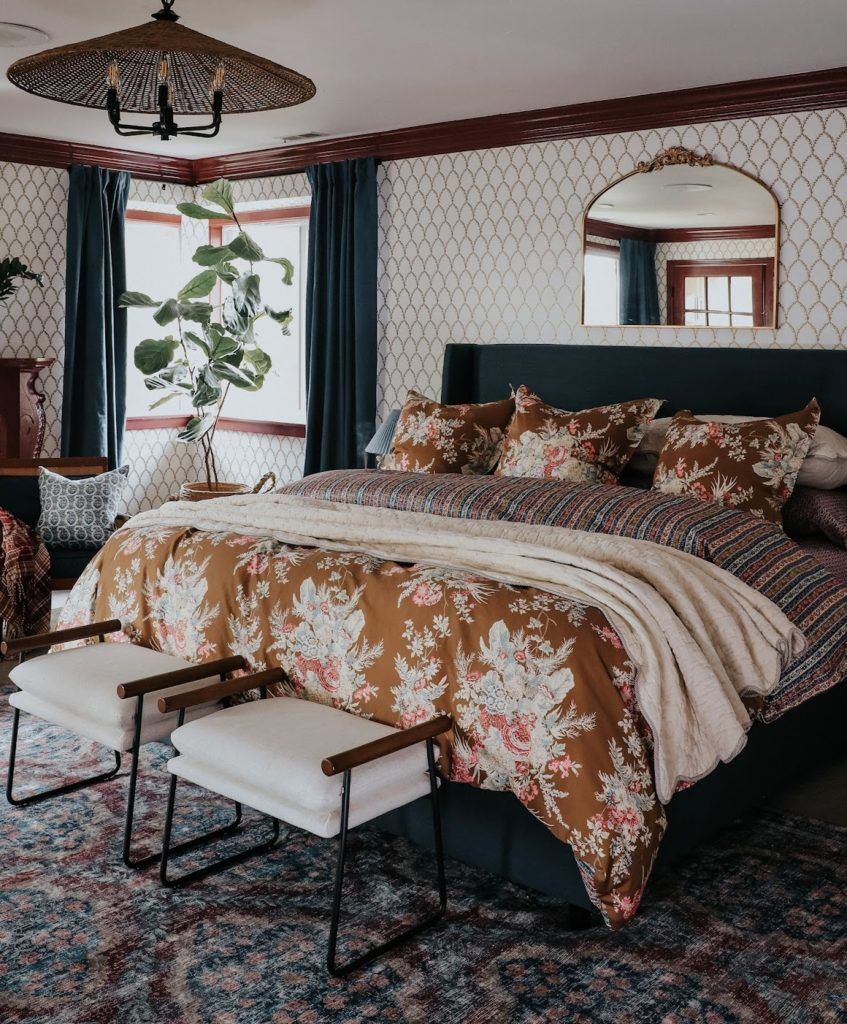 847x1024 Updated Primary Bedroom with Wallpaper and Red Trim With Grace