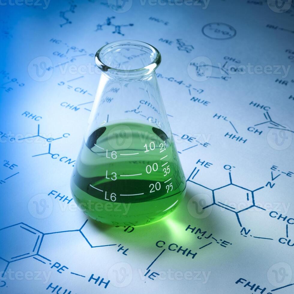 980x980 Flask with green liquid on paper, blue chemical formulas in background For Social Media Post Size