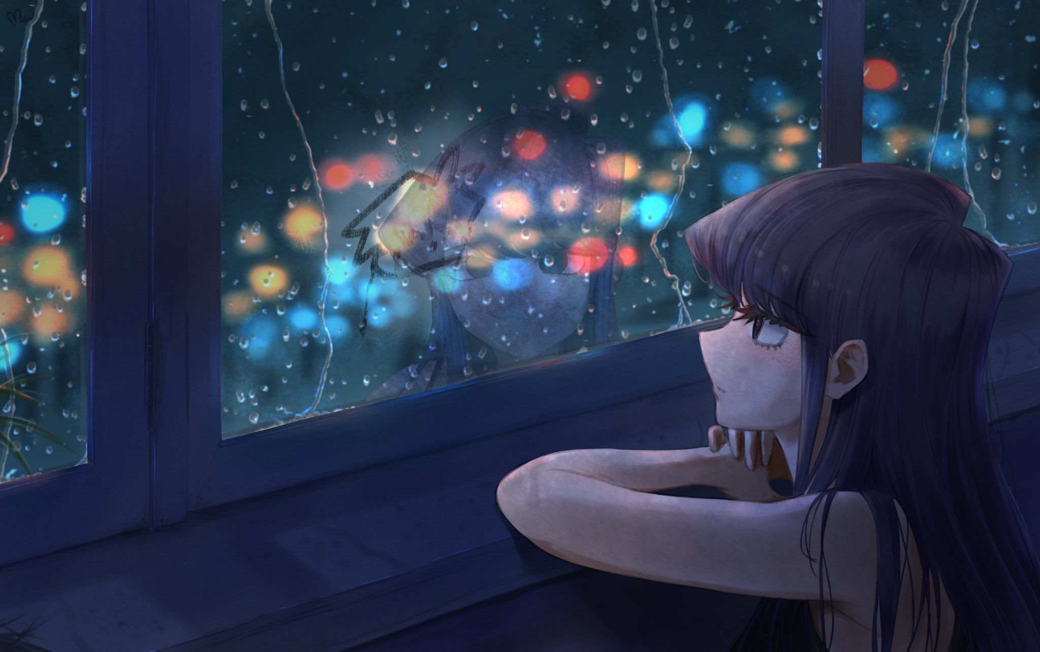 2048x1285 Wallpaper girl, lights, rain, figure, Komi has communication problems, Shouko Komi for mobile and desktop, section арт, resolution 2048x1285