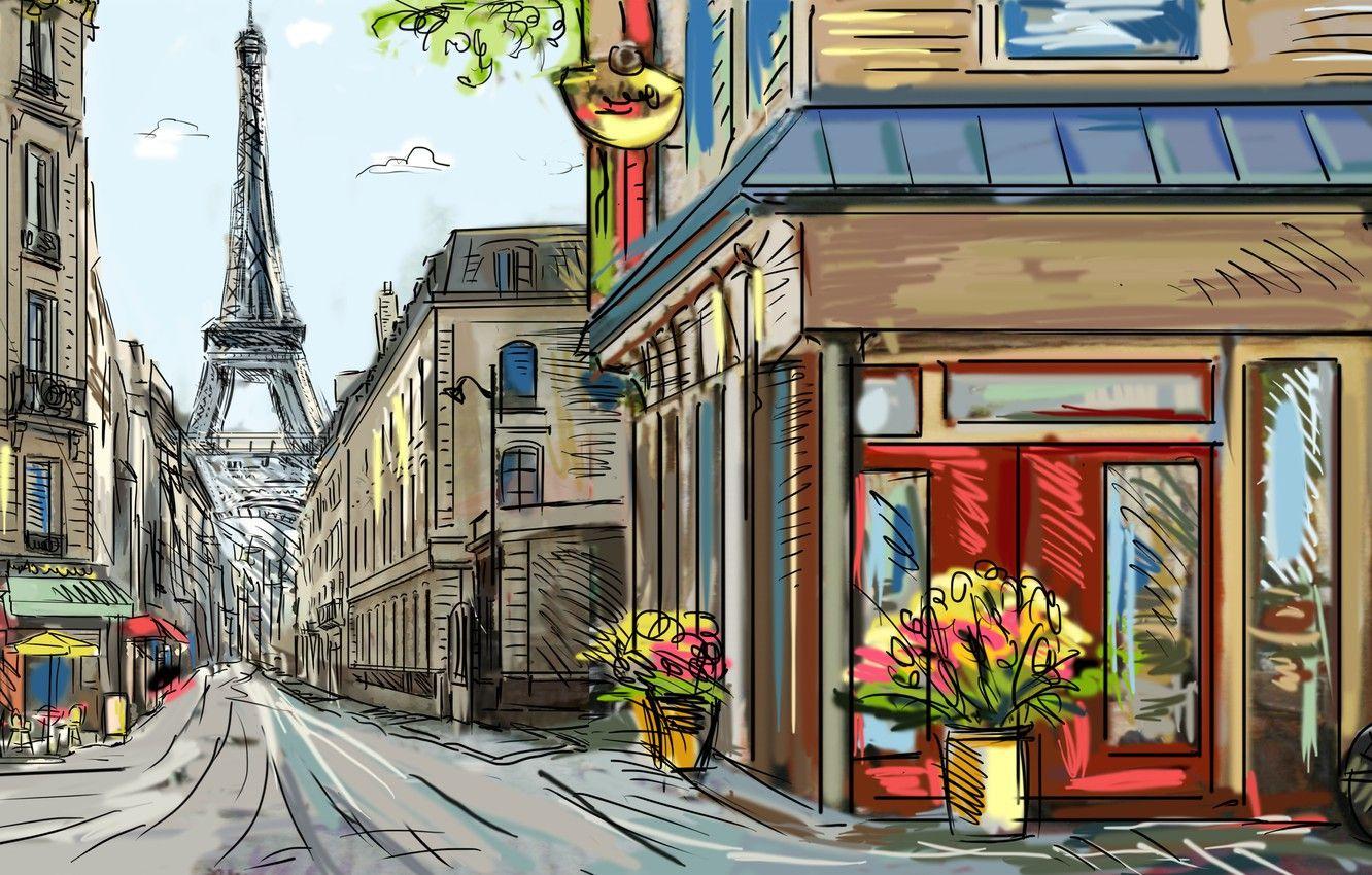 1332x850 Wallpaper flowers, bike, street, Paris, Eiffel tower, painting