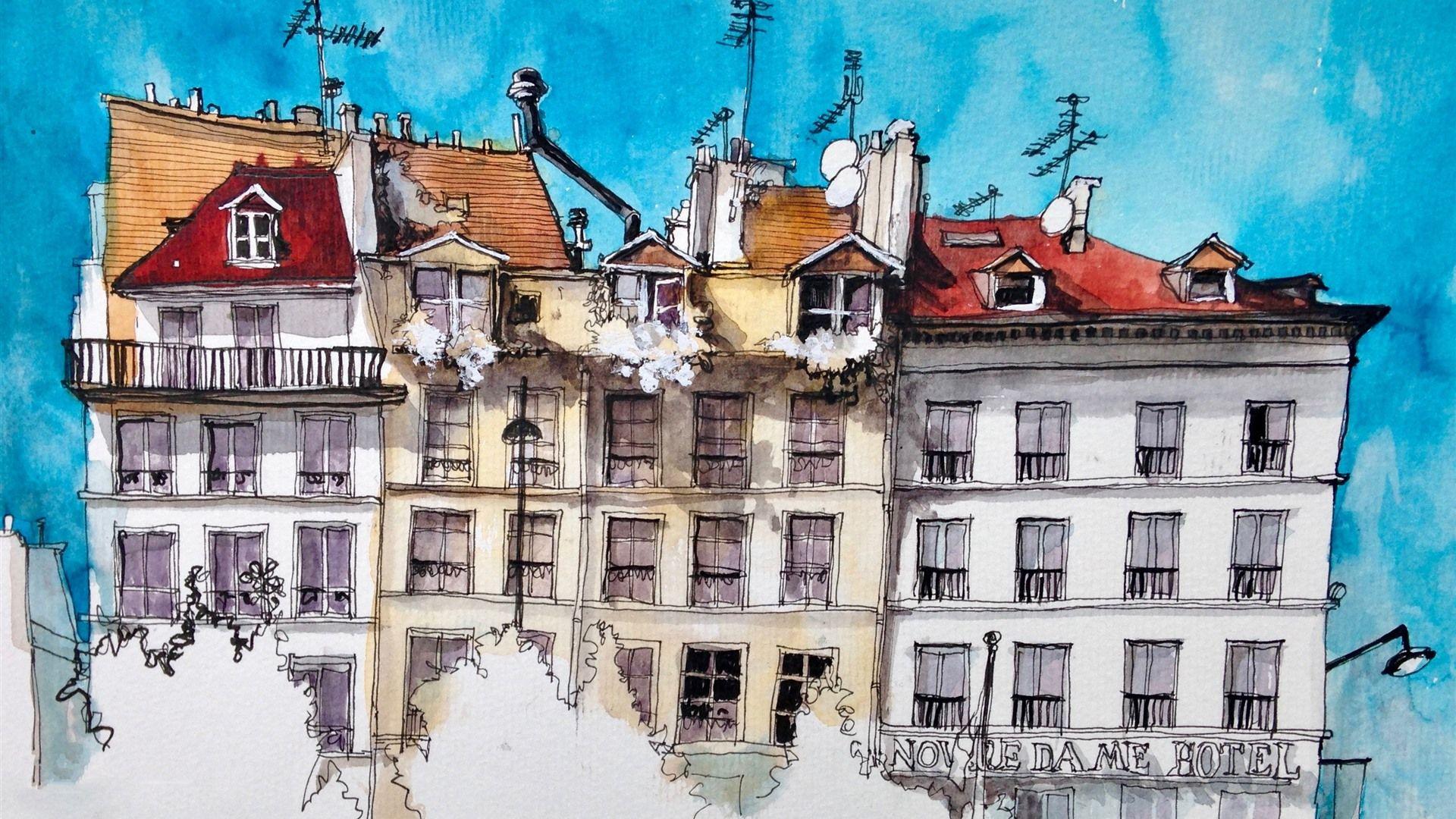 1920x1080 Wallpaper Watercolor painting, Paris, houses 2880x1800 HD Picture
