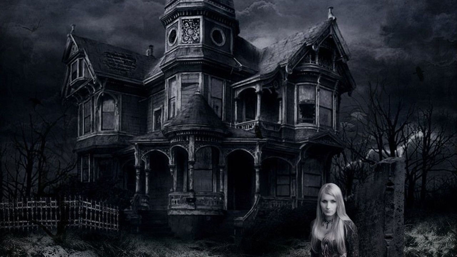 1920x1080 Black Haunted Mansion With Girl Ghost Image HD Movies Wallpaper