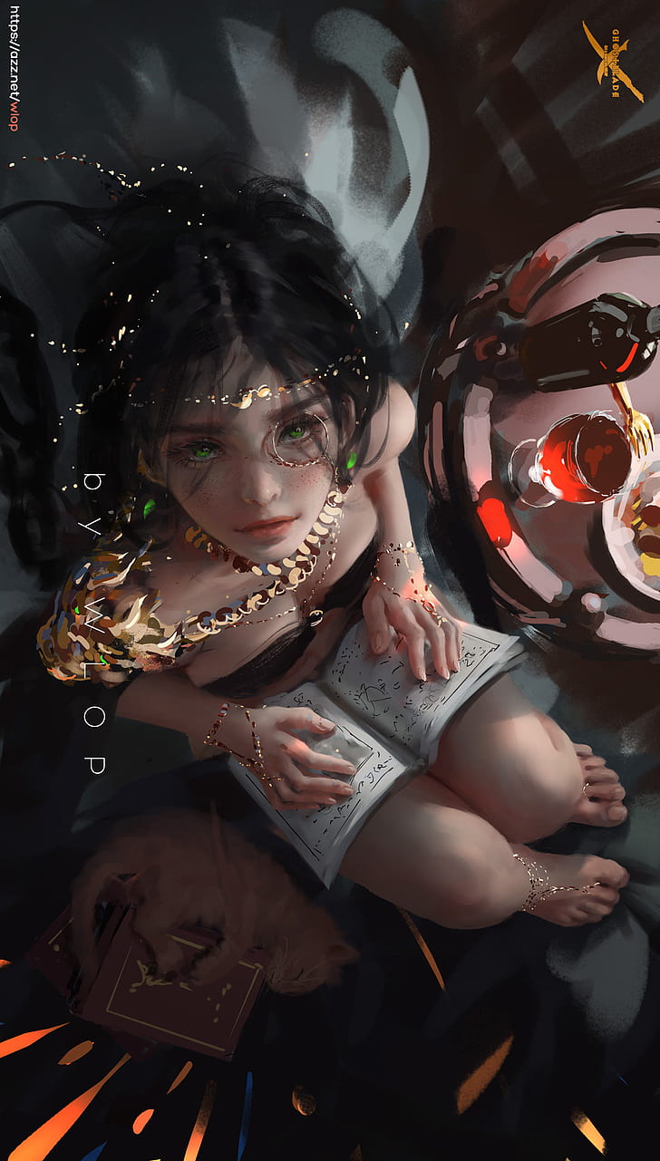 728x1281 HD wallpaper: WLOP, Ghost + Blade, anime girls, reading