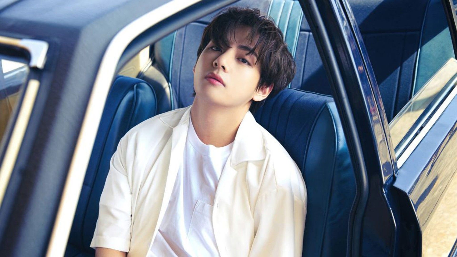 1920x1080 BTS V Is Sitting Inside Car Wearing White Dress HD V Wallpaper