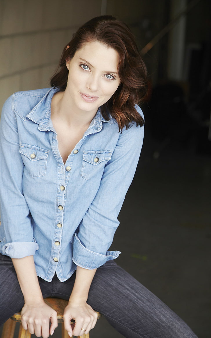 728x1165 HD wallpaper: April Bowlby, women, actress, brunette, jean shirt, portrait display