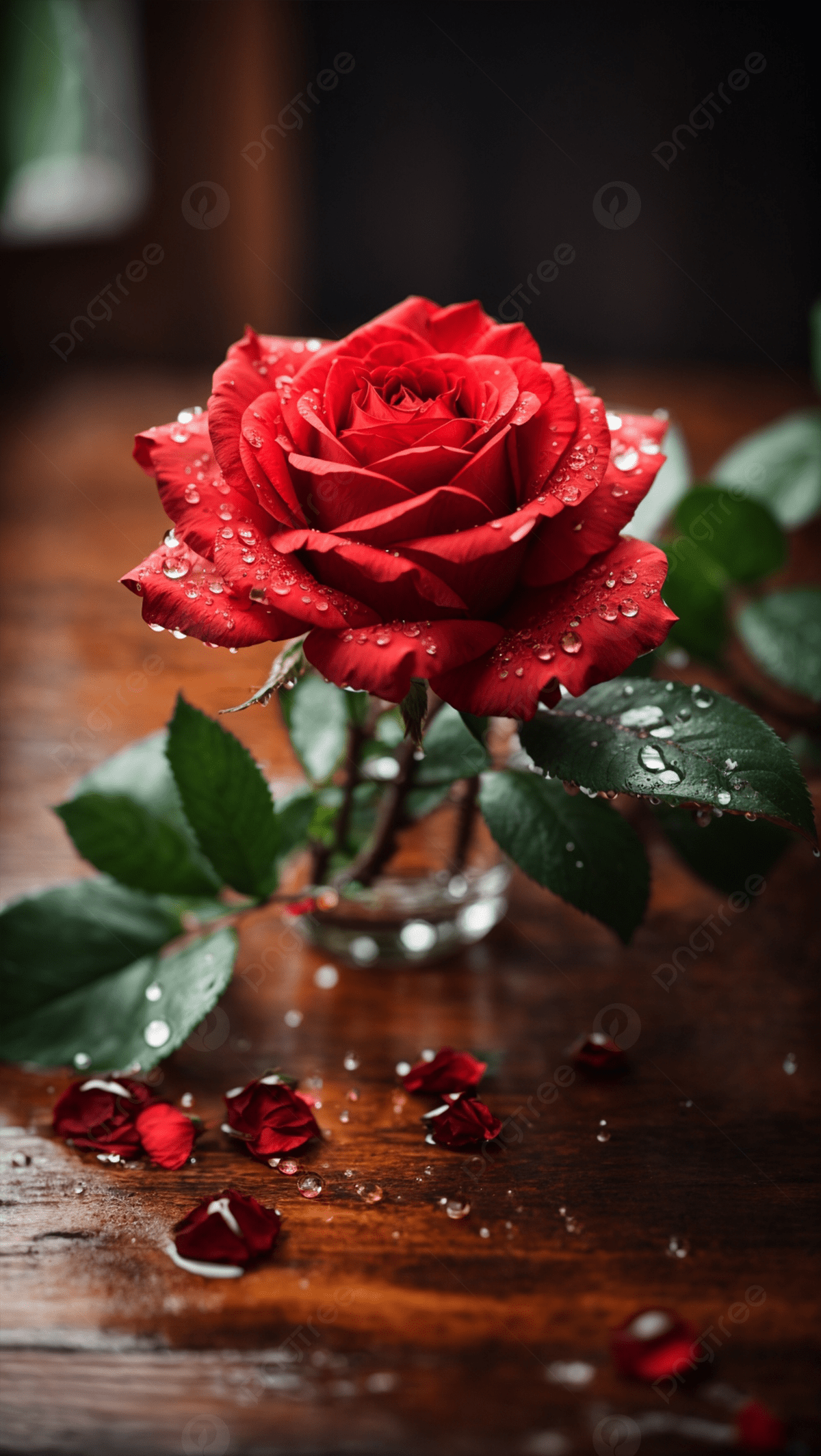 1200x2129 Single Red Rose Flower On The Glass Jar Water And Fresh Look Wooden Table Background Wallpaper Image For Free Download