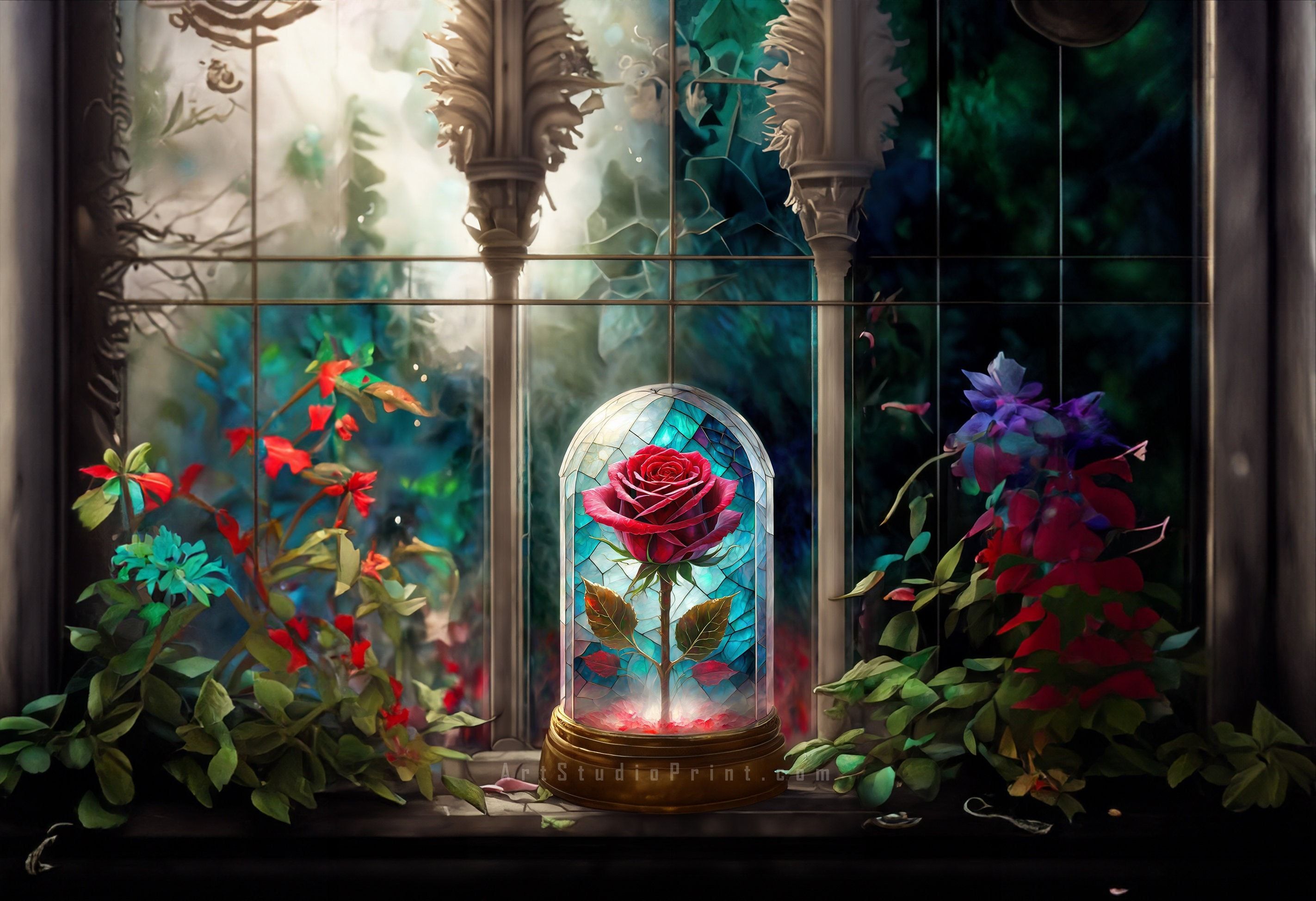 2845x1947 The Beauty Within the Beast Wall Art Digital Download. Red Rose Inside a Glass Dome Stain Stained Glass Mosaic Design Detail, Fantasy, Decor