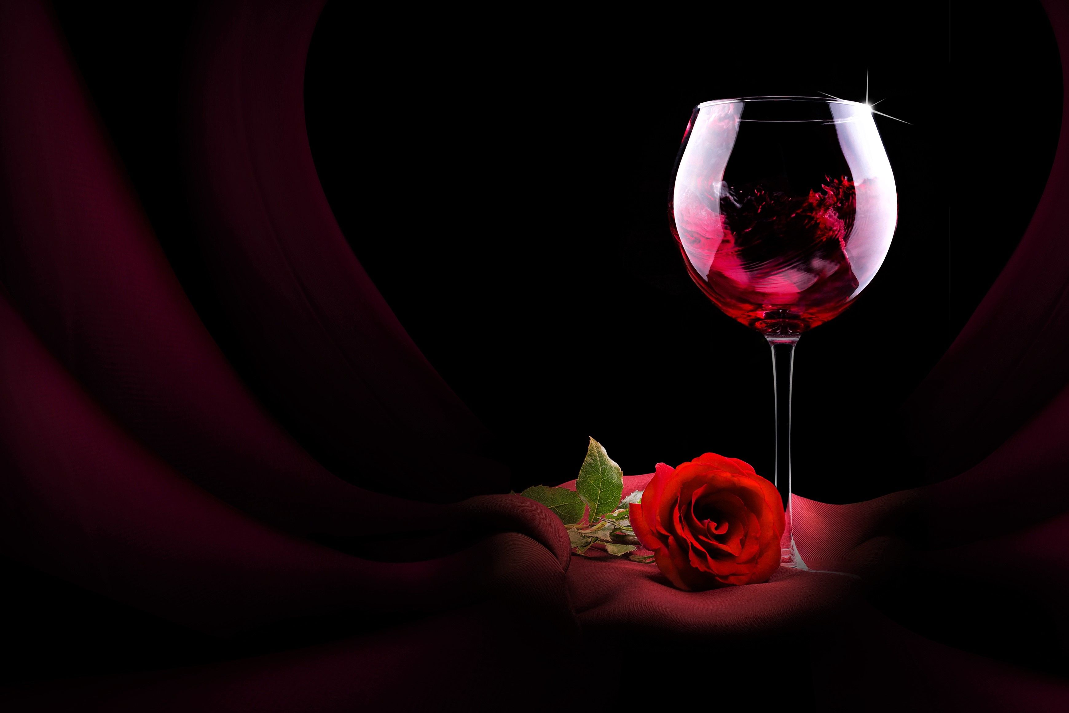 3479x2319 Elegant Red Rose and Wine Glass Still Life HD Wallpaperx2319