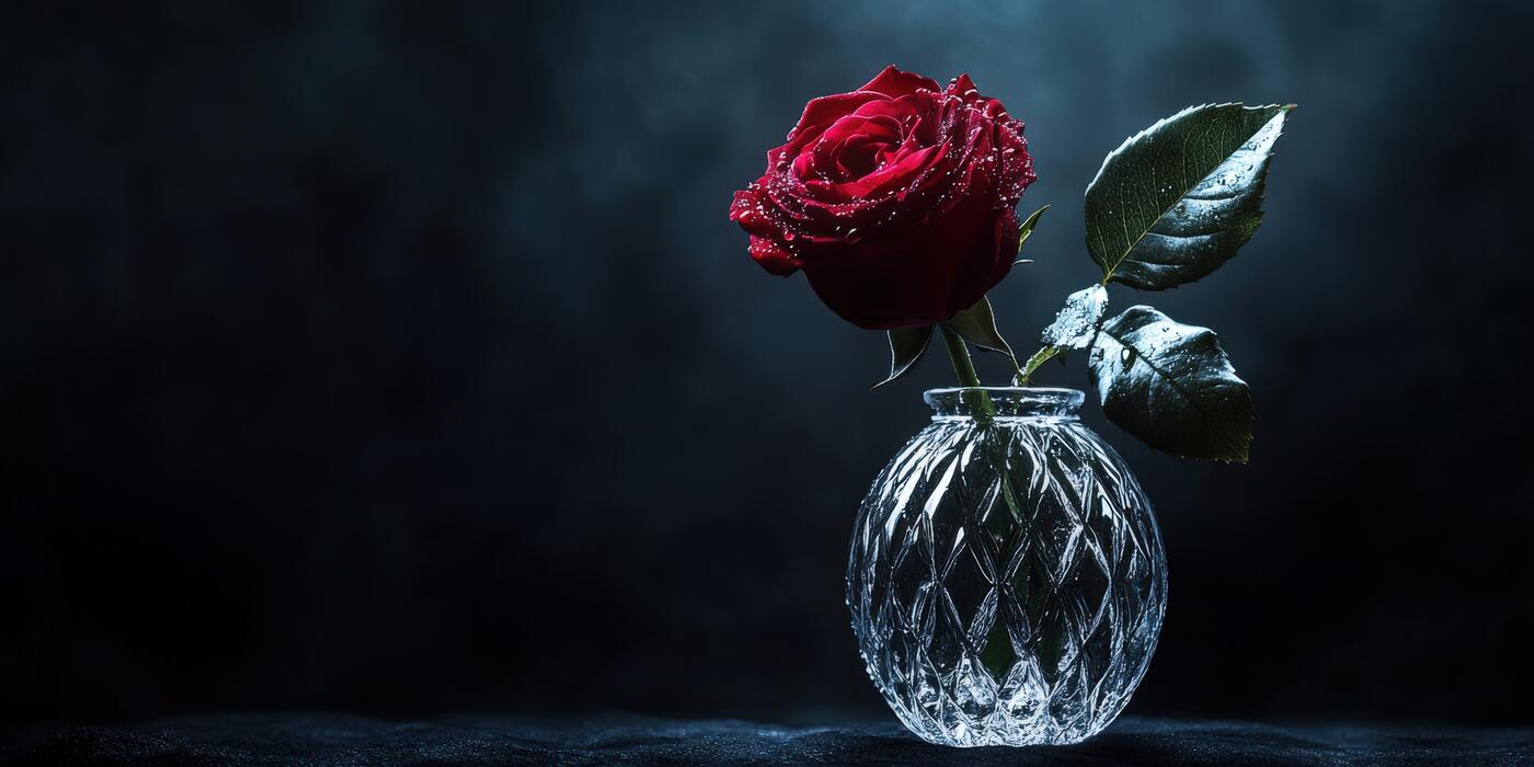 1400x700 Elegant red rose in water crystal vase with droplets