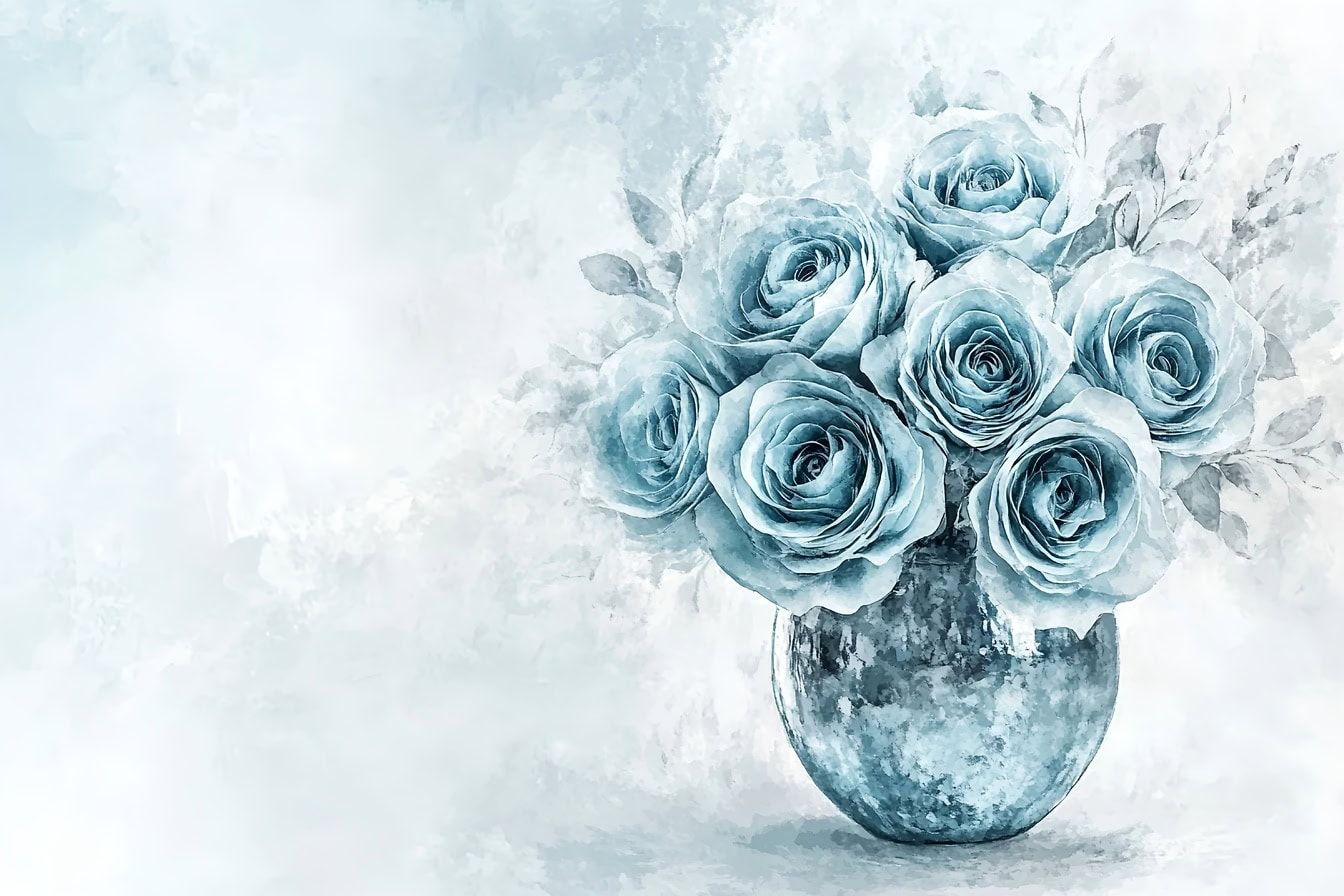 1344x896 Free picture: Vase with bluish roses, a still life themes watercolor illustration with abstract diffuse background