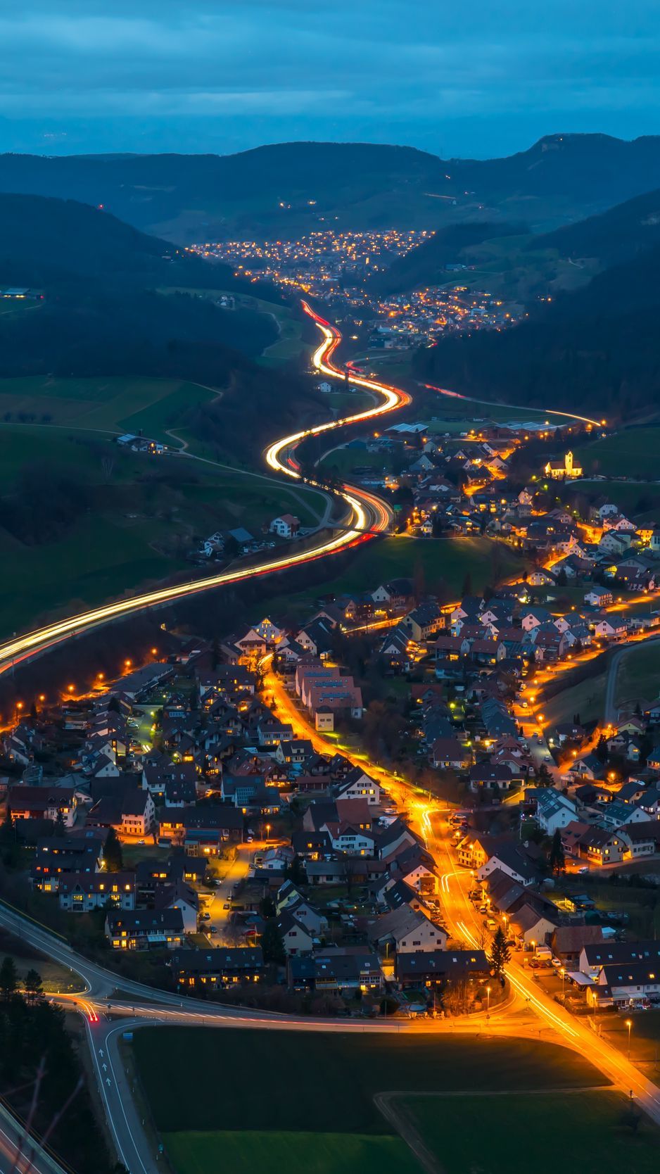 938x1668 Download Wallpaper 938x1668 Village, Road, Aerial View, Night, Mountains, Switzerland Iphone 8 7 6s 6 For Parallax HD Background