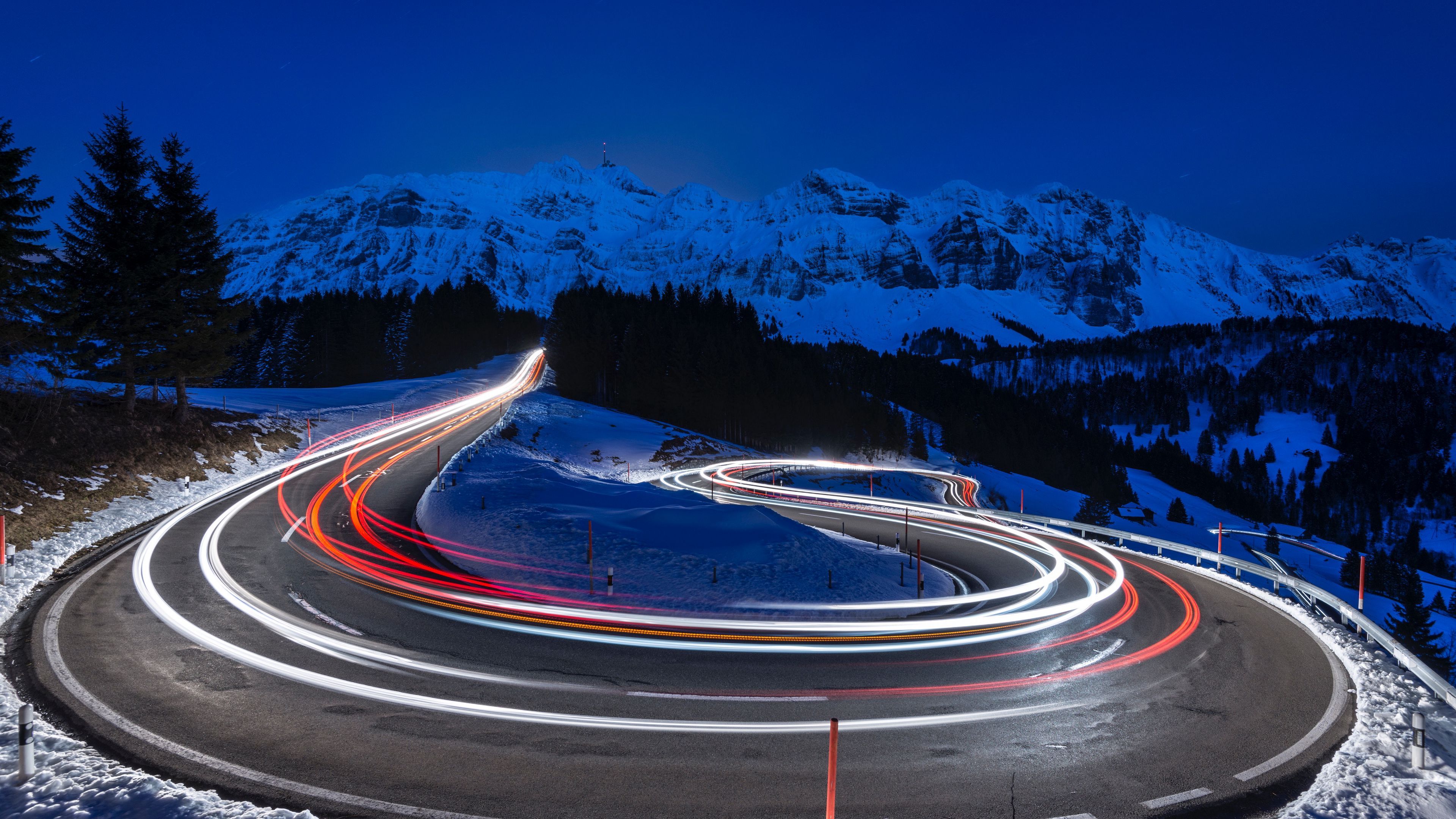3840x2160 Download wallpaper 3840x2160 mountains, road, long exposure, switzerland 4k uhd 16:9 HD background