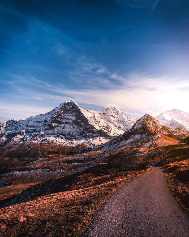 800x1000 Mountains, road, asphalt, peaks, snow, sky, switzerland, HD phone wallpaper