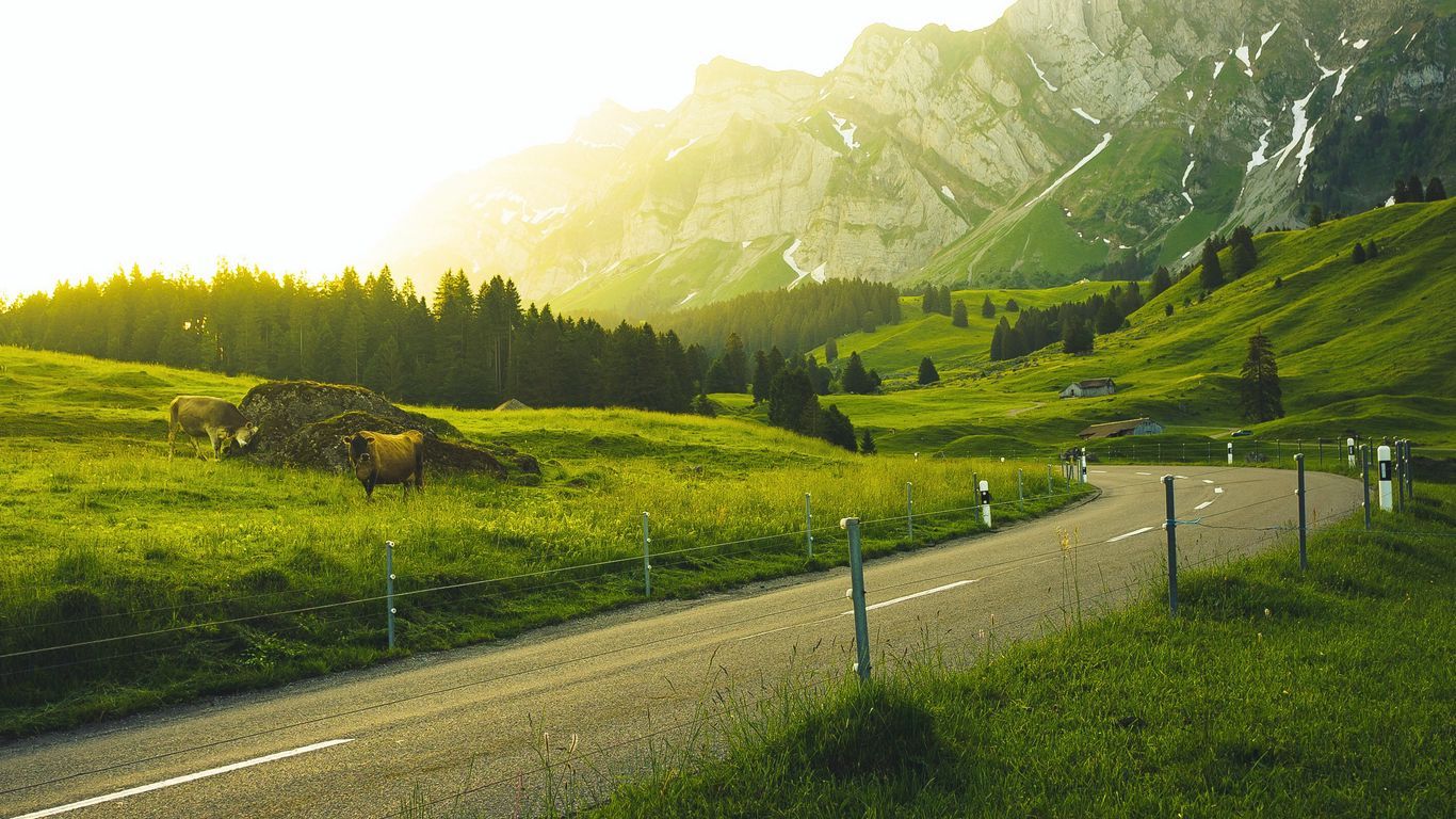 1366x768 Download wallpaper 1366x768 mountains, road, grass, sunlight, trees, landscape, switzerland tablet, laptop HD background