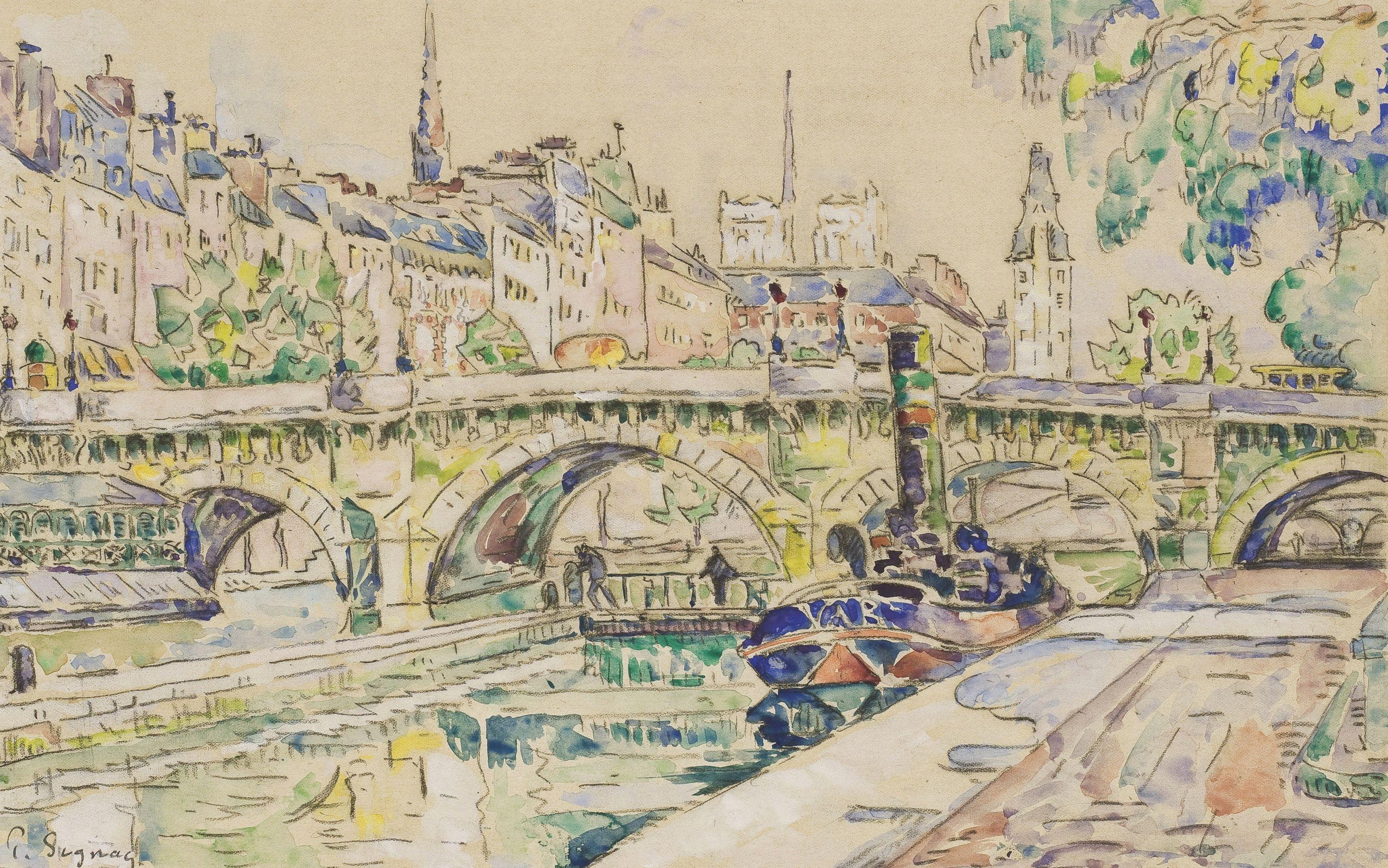 3000x1876 Boat Bridge Canal City Painting Paris Watercolor wallpaper