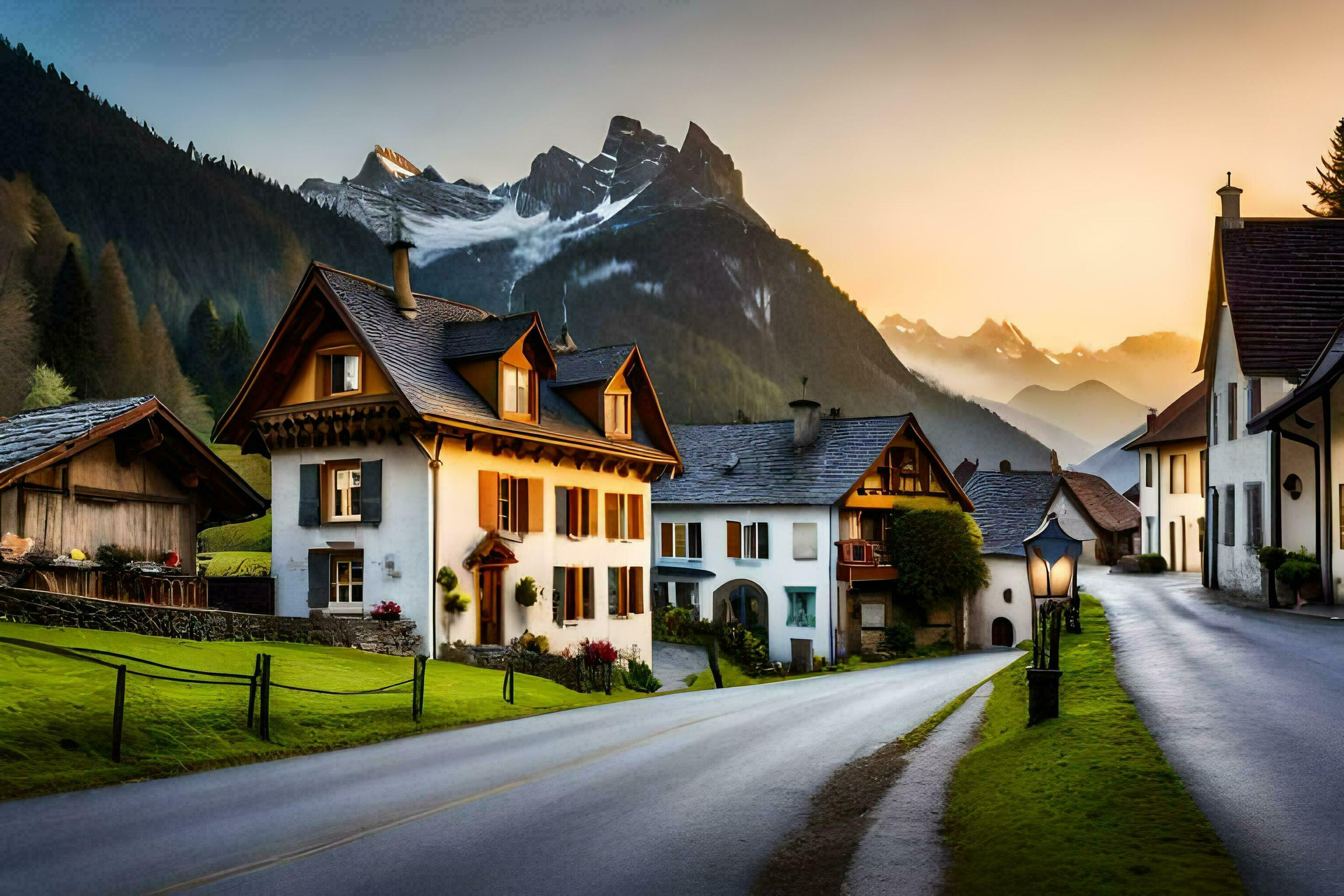 2940x1960 Photo Wallpaper The Sky, Mountains, Road, Houses, The Alps, Switzerland, The. AI Generated