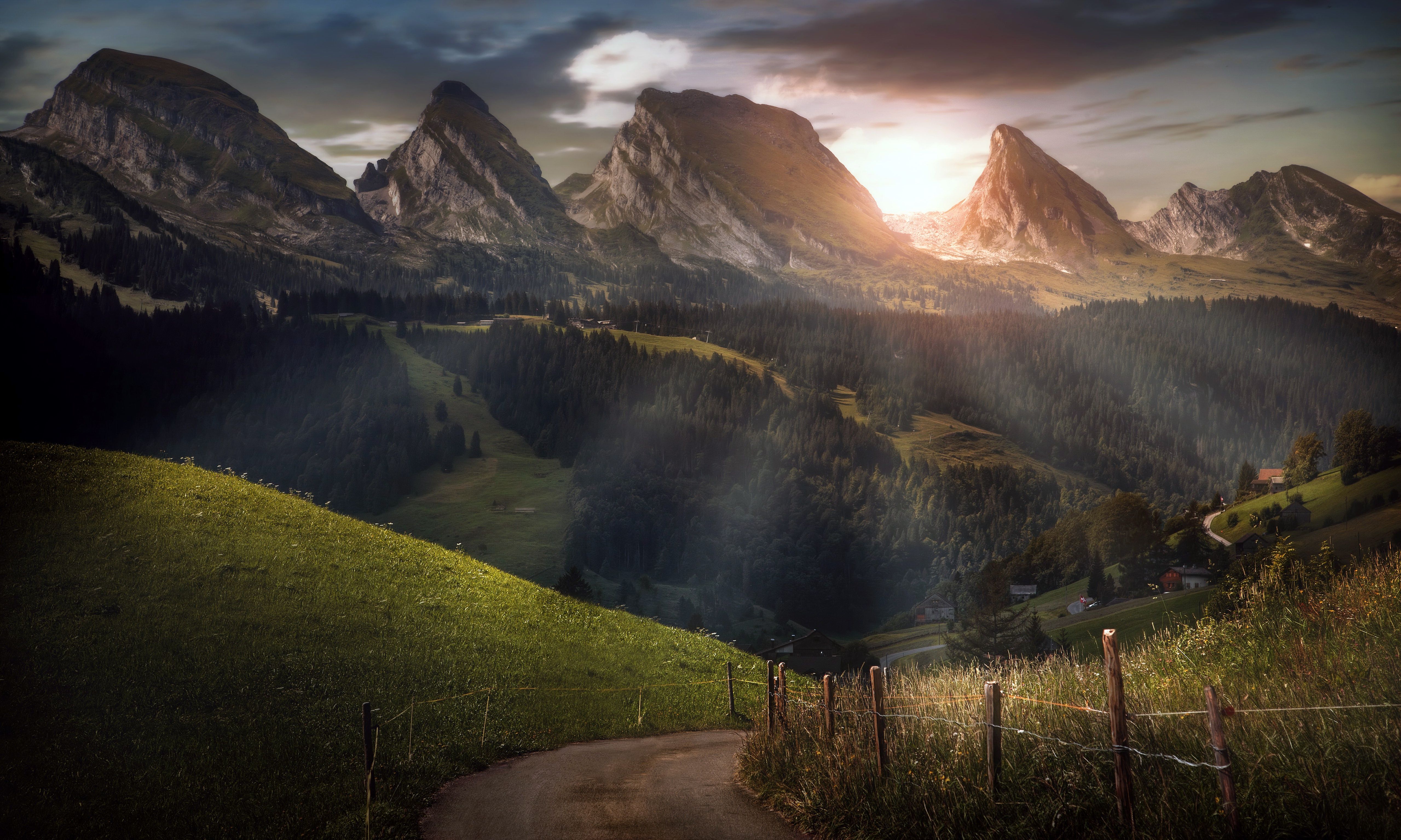 5119x3072 Phone wallpaper: Photography, Landscape, Fence, Mountain, Road, Switzerland 989112
