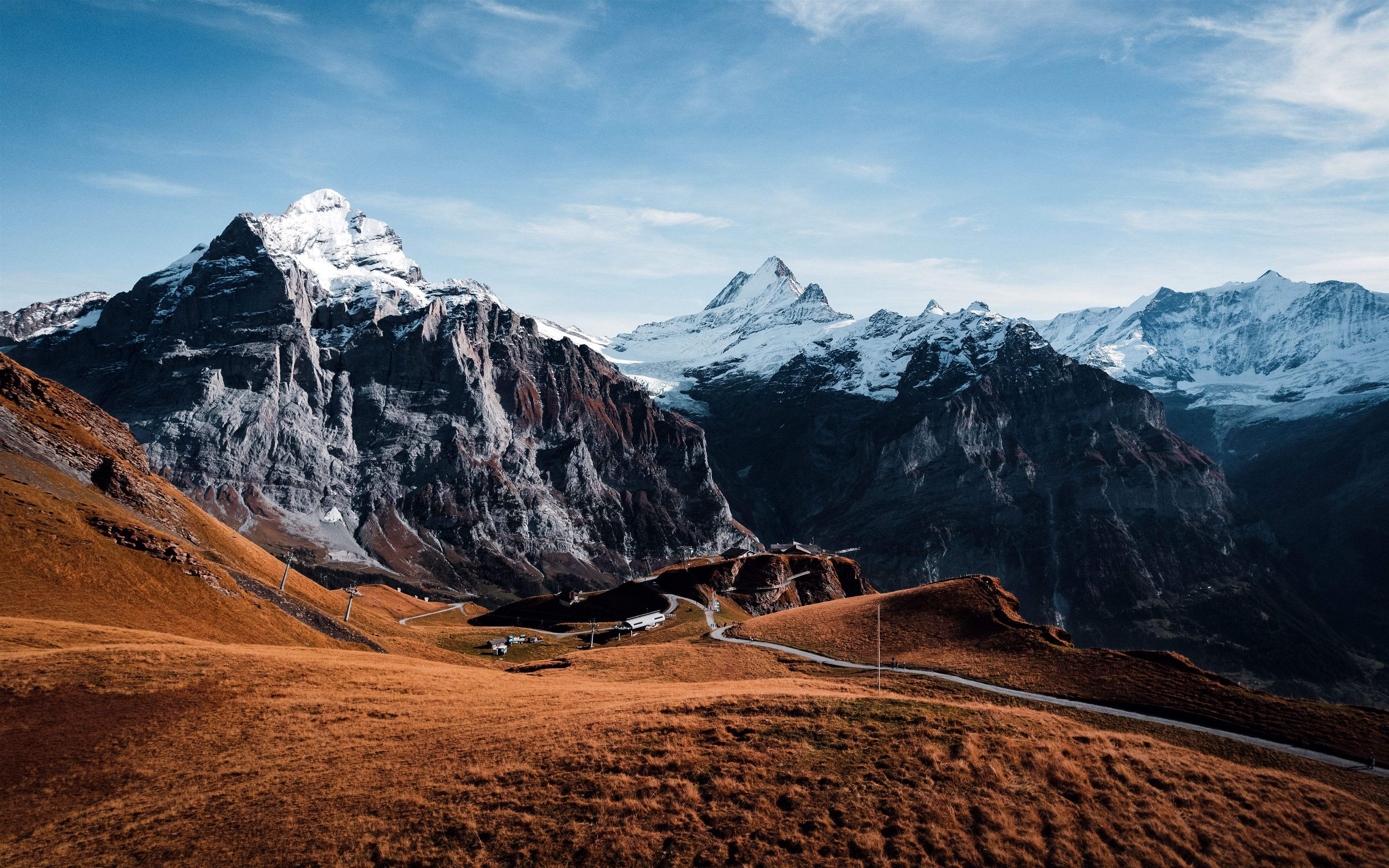 3840x2400 Autumn Snow Mountains Road Grindelwald Switzerland 5K