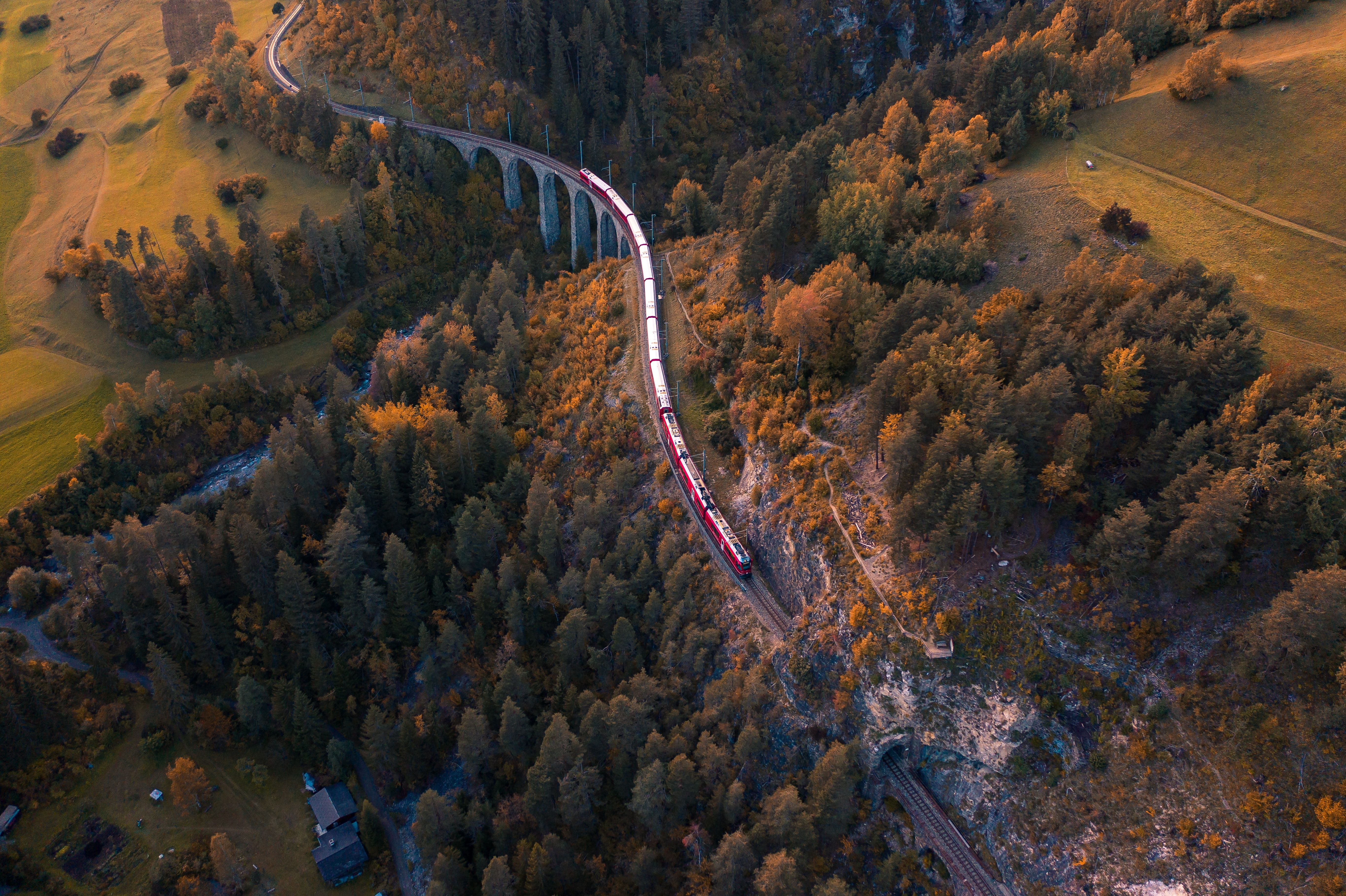 5464x3640 Wallpaper river, Switzerland, bridge, autumn, tunnel, train, railway, aerial view for mobile and desktop, section пейзажи, resolution 5464x3640