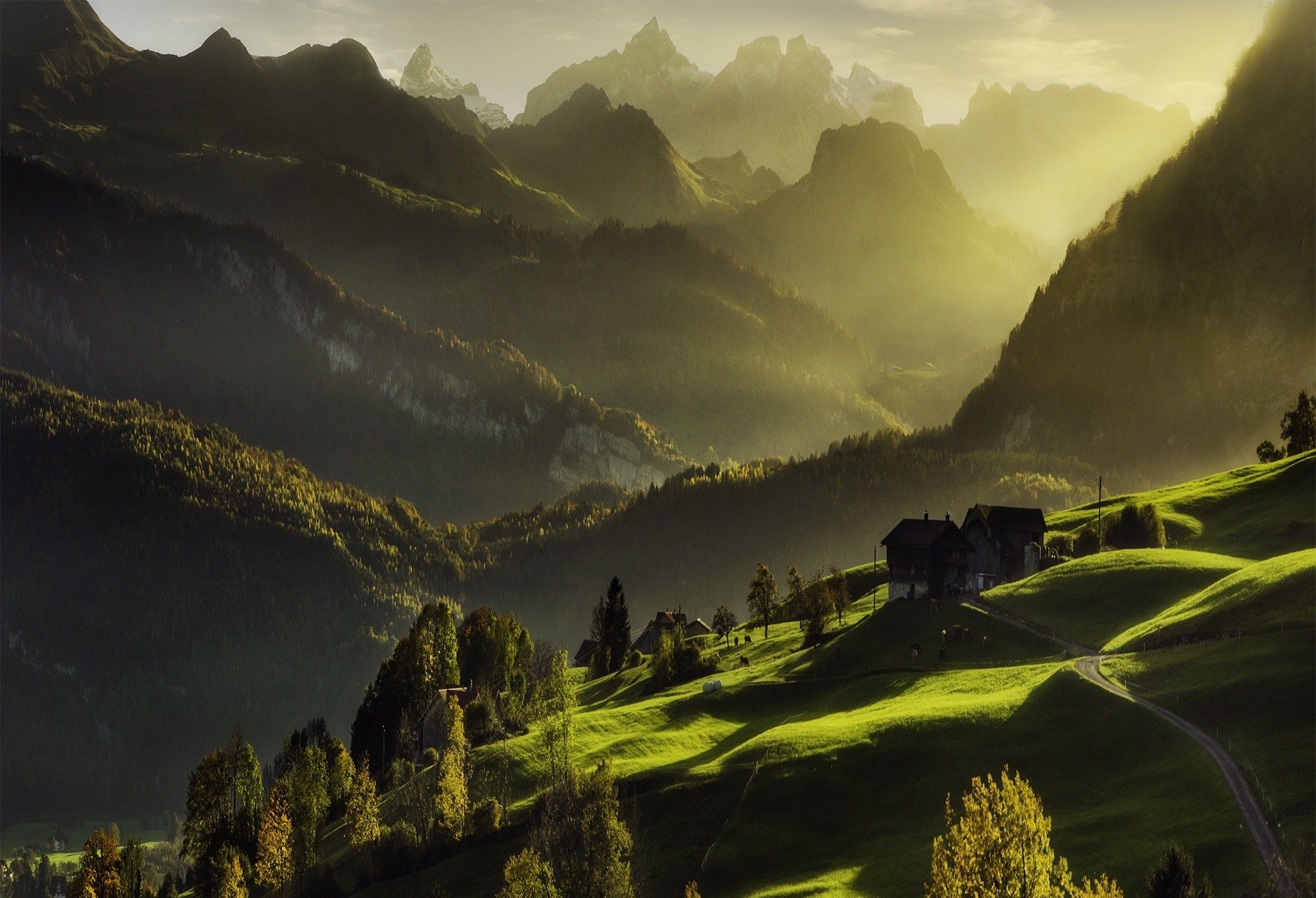 2048x1397 Switzerland, Sunrise, Mountain, Mist, Forest, Road, Grass, Green, Fall, Cabin, Alps, Landscape, Nature, Valley Wallpaper HD / Desktop and Mobile Background