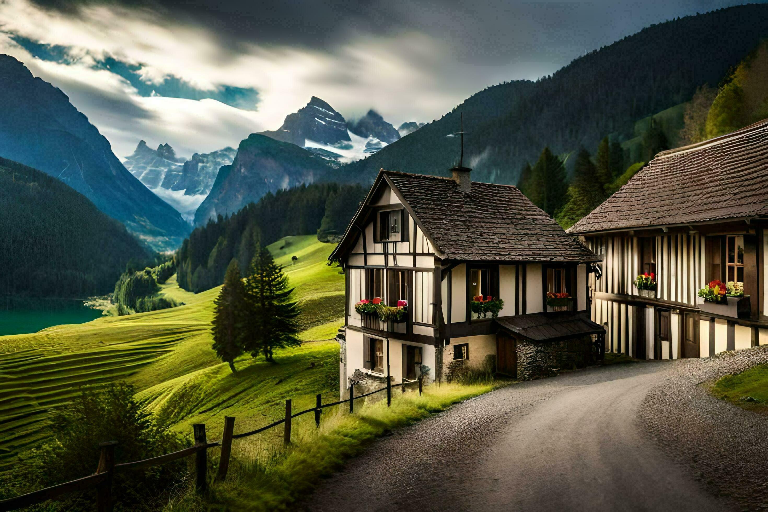 2940x1960 Photo Wallpaper The Sky, Mountains, House, Road, Landscape, The Alps, Switzerland. AI Generated