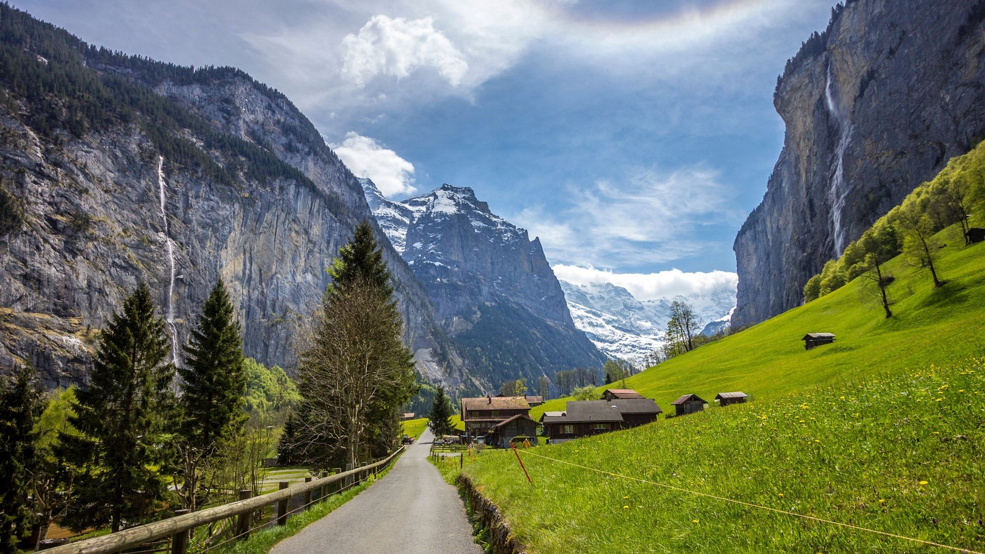 1920x1080 Tourist Town Road Waterfall Lauterbrunnen Switzerland 5K