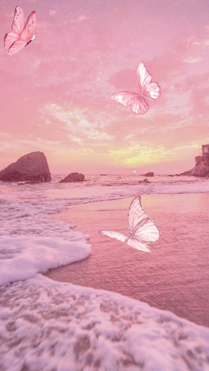 720x1280 Pink butterfly in sky. Pink butterfly sunset art, Pink butterflies on water, Wallpaper for girls