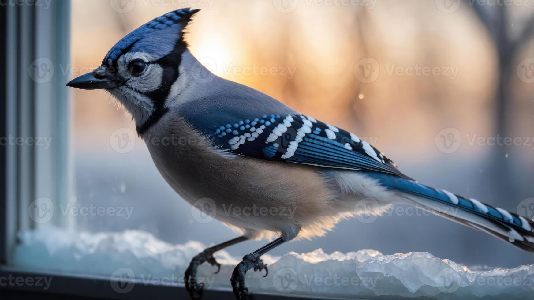 1745x980 A blue jay perched on a snowy windowsill at sunset, showcasing its vibrant plumage