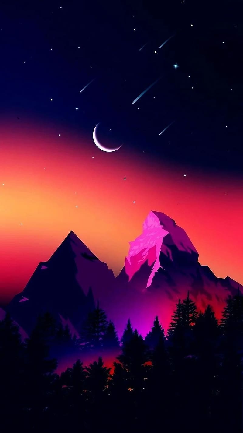 800x1422 Realme C21y, Pink Mountains, moon, shooting star, HD phone wallpaper