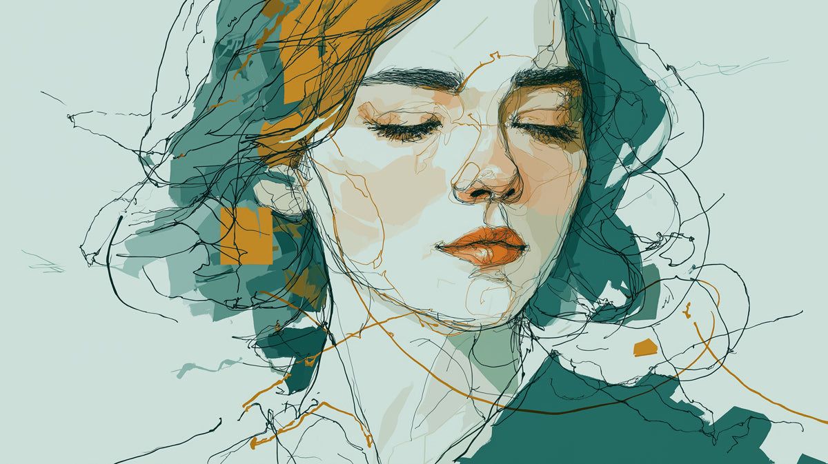 1200x673 Impressionist Scribble Sketch Woman Mural Wallpaper. Teal and Ochre Accents, Fluid Creative Portrait