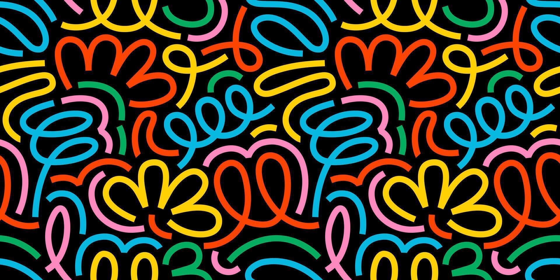 1920x960 Colorful line doodle seamless pattern on dark background. Rainbow brush strokes. Creative abstract art background for festive celebration design. Simple childish scribble wallpaper print texture