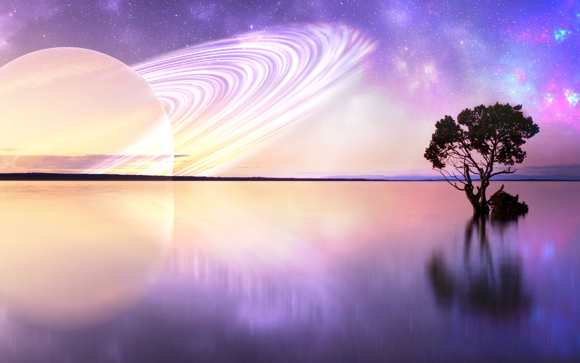 1920x1200 Big planet Saturn in the sky above the lake Desktop wallpaper 1920x1200