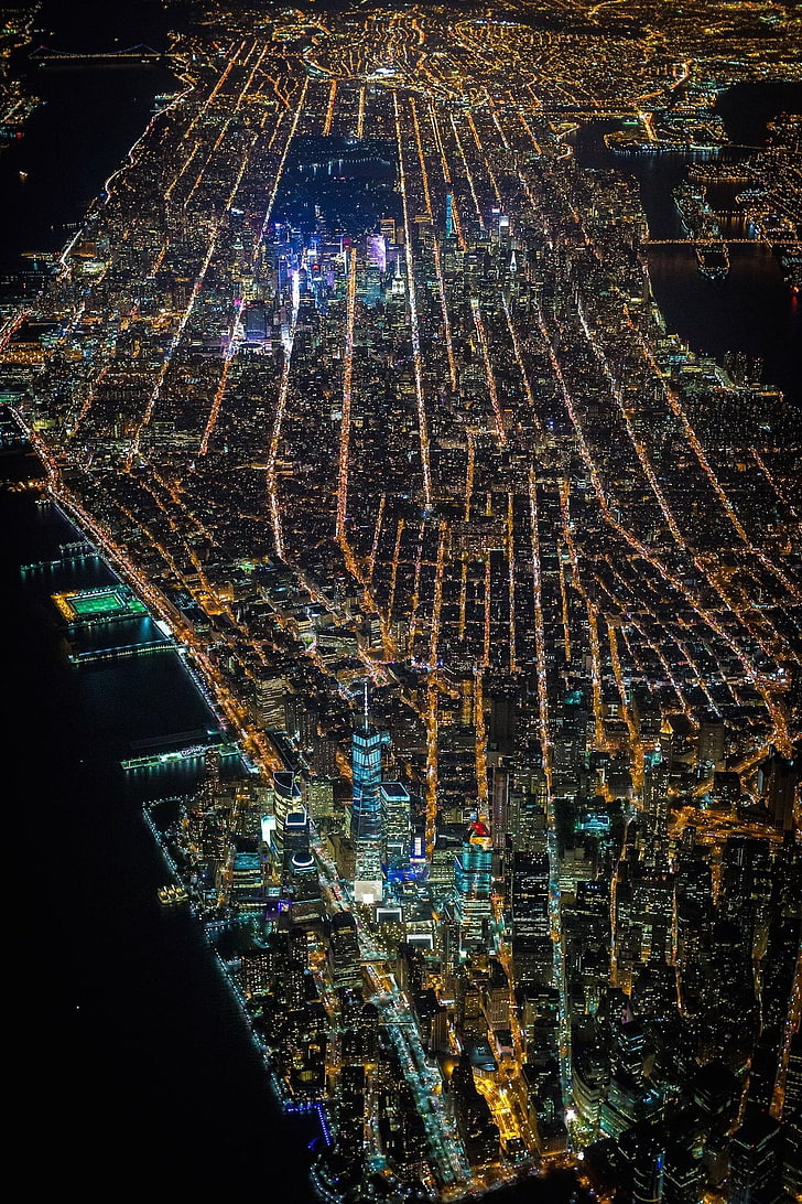 728x1092 HD wallpaper: Vincent Laforet, New York City, Manhattan, night, aerial view