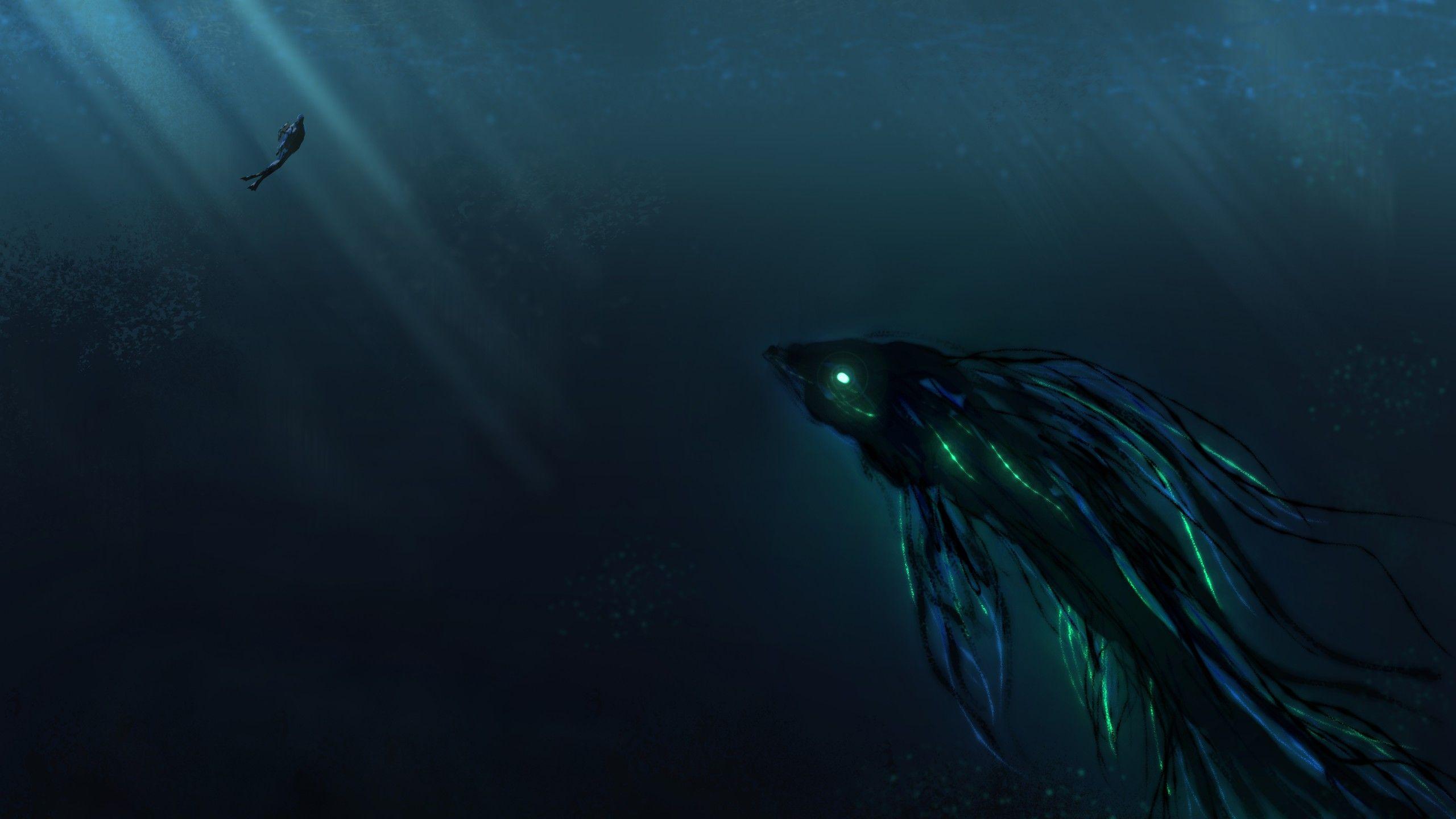 2560x1440 Wallpaper Deep Sea, Scuba Diver, Giant creature, HD, 4K, Creative