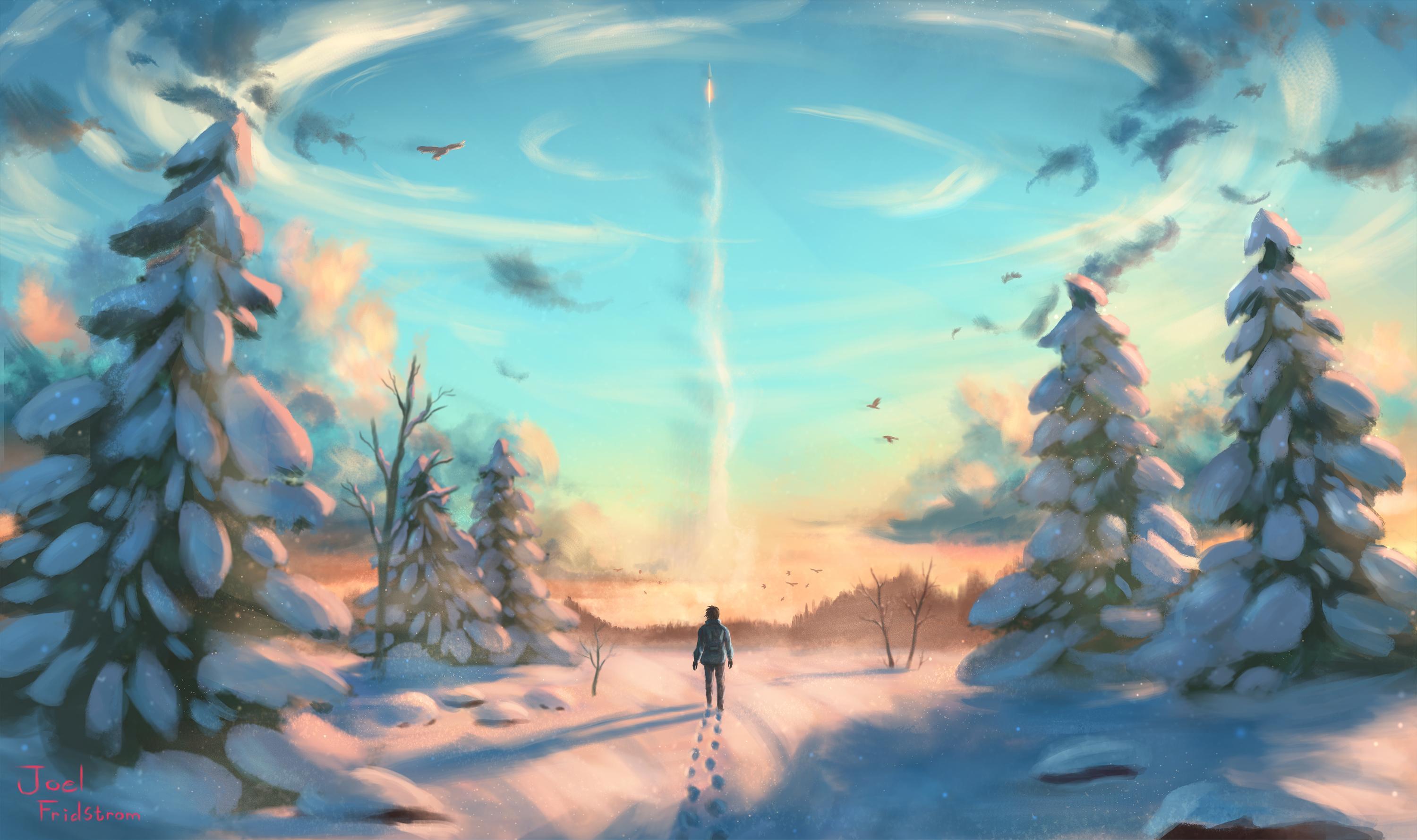 3000x1779 landscape, Snow, Birds, Rocket, Digital art, Artwork Wallpaper HD