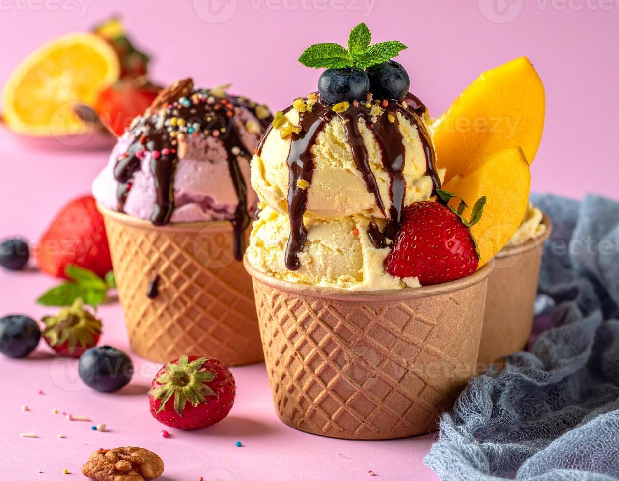 1260x980 Delicious Ice Cream Cones with Fruit Toppings on Pink Background