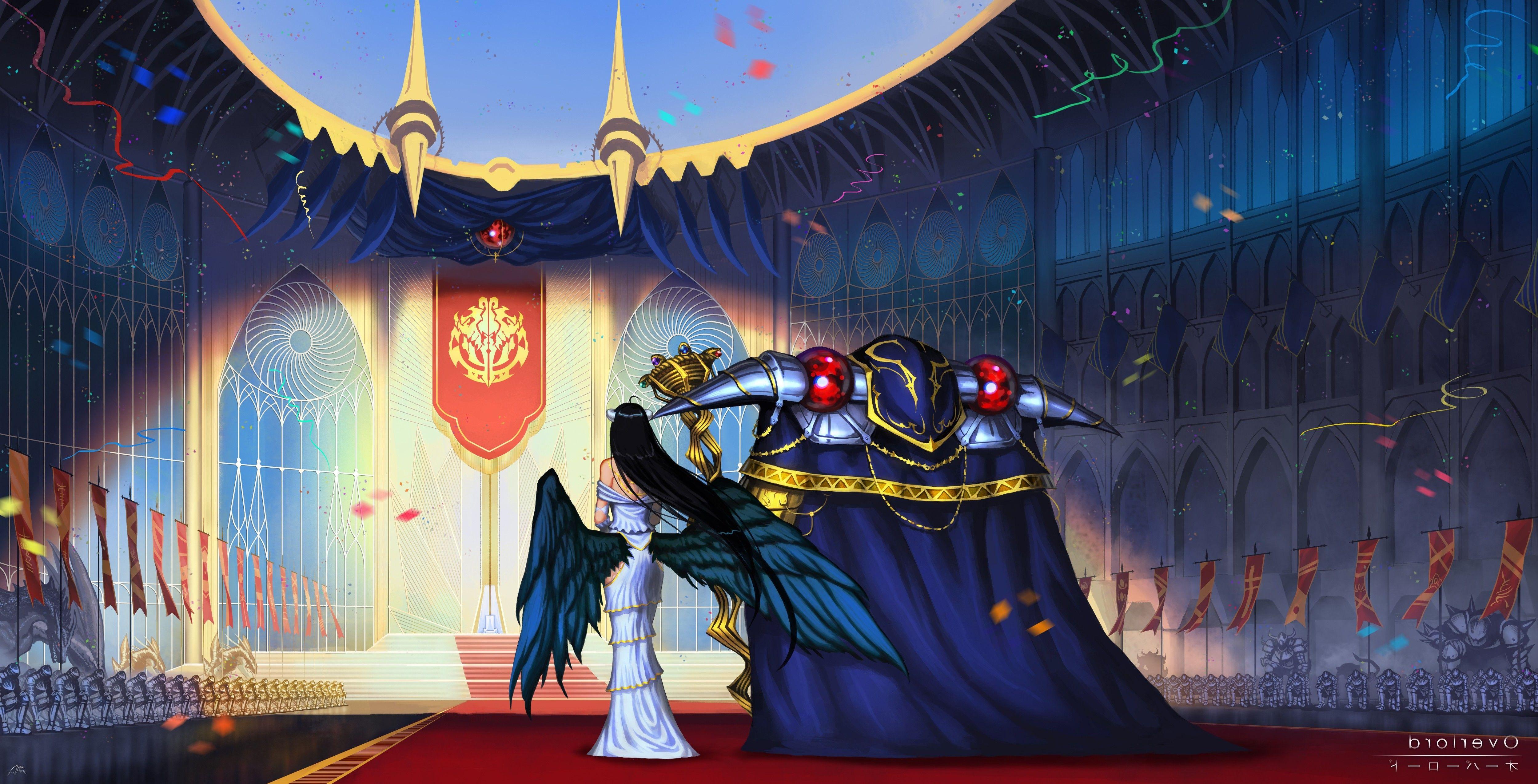 5000x2550 anime, Anime Girls, Overlord (anime), Wings, Albedo (OverLord), Ainz Ooal Gown Wallpaper HD / Desktop and Mobile Background