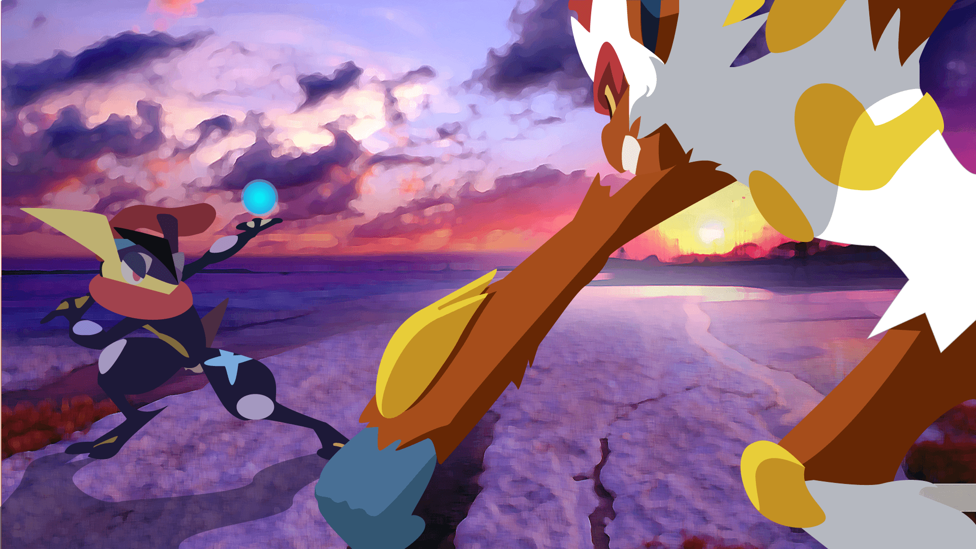 1920x1080 Greninja Vs Infernape Sunset