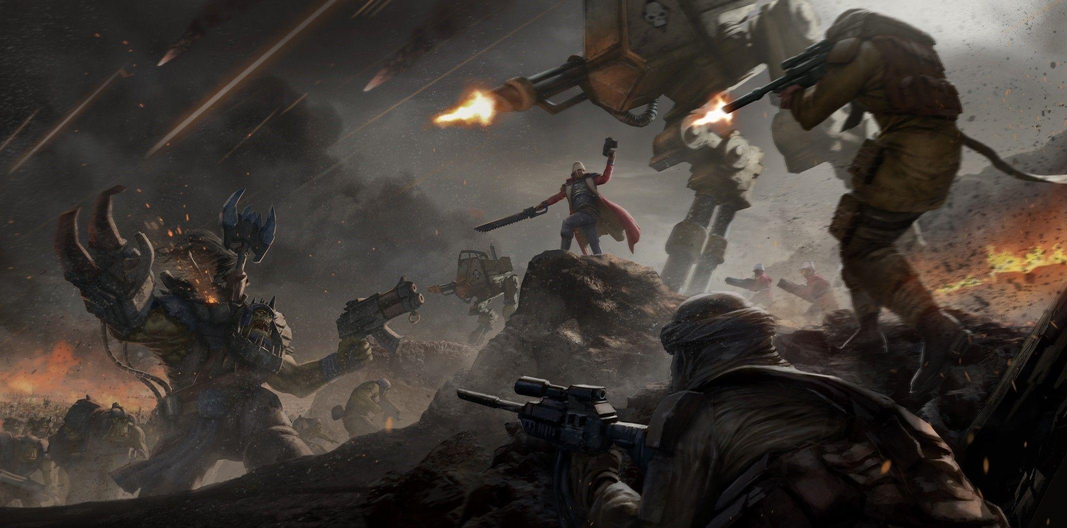 2137x1058 futuristic, Warhammer War, Soldier, Artwork, Gun