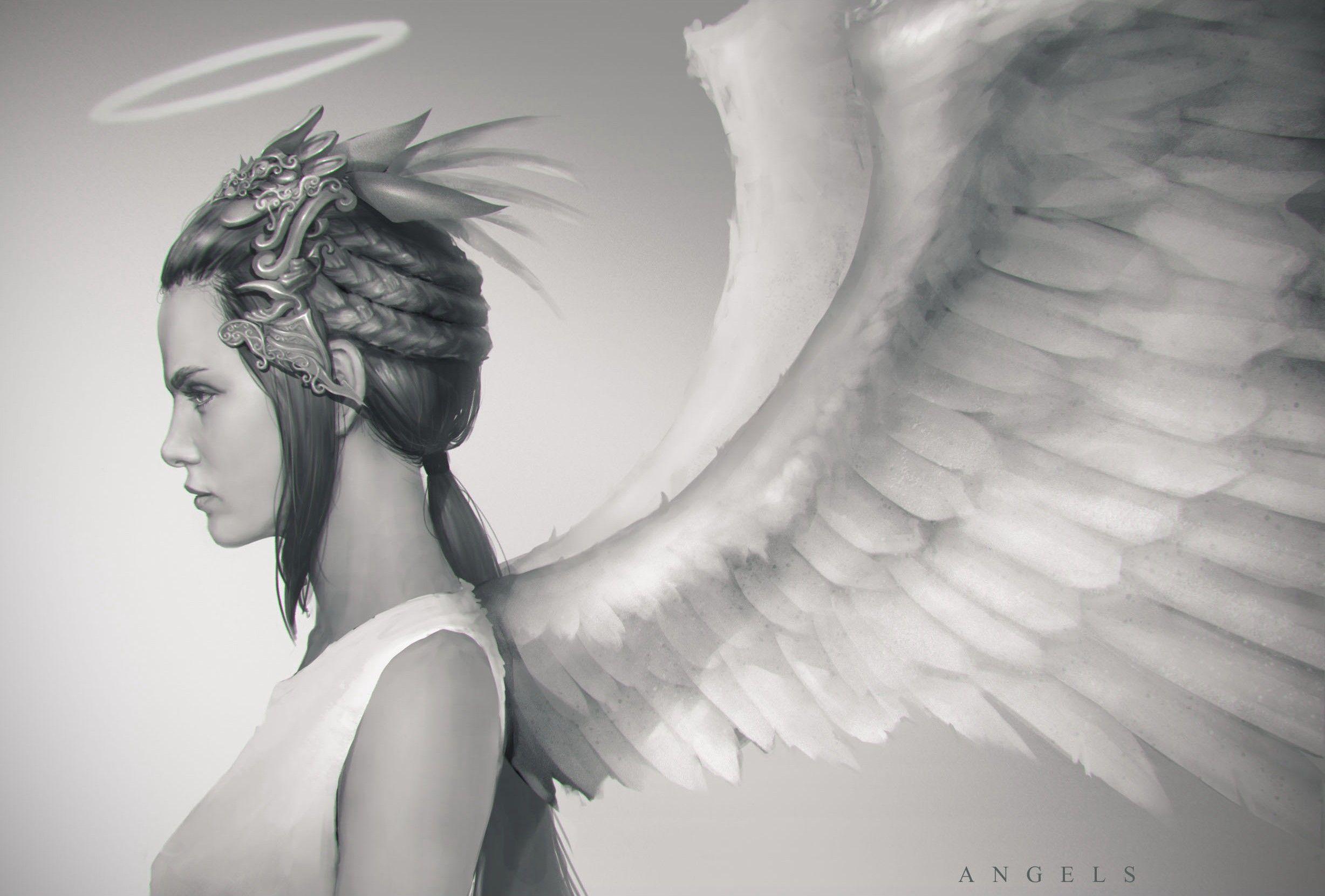 2456x1661 #white, #digital art, #Halo, #angel, #wings wallpaper