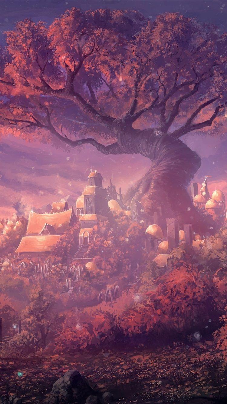 750x1334 Wallpaper Fantasy Forest City, gate, forest, houses, art painting 2560x1600 HD Picture, Image