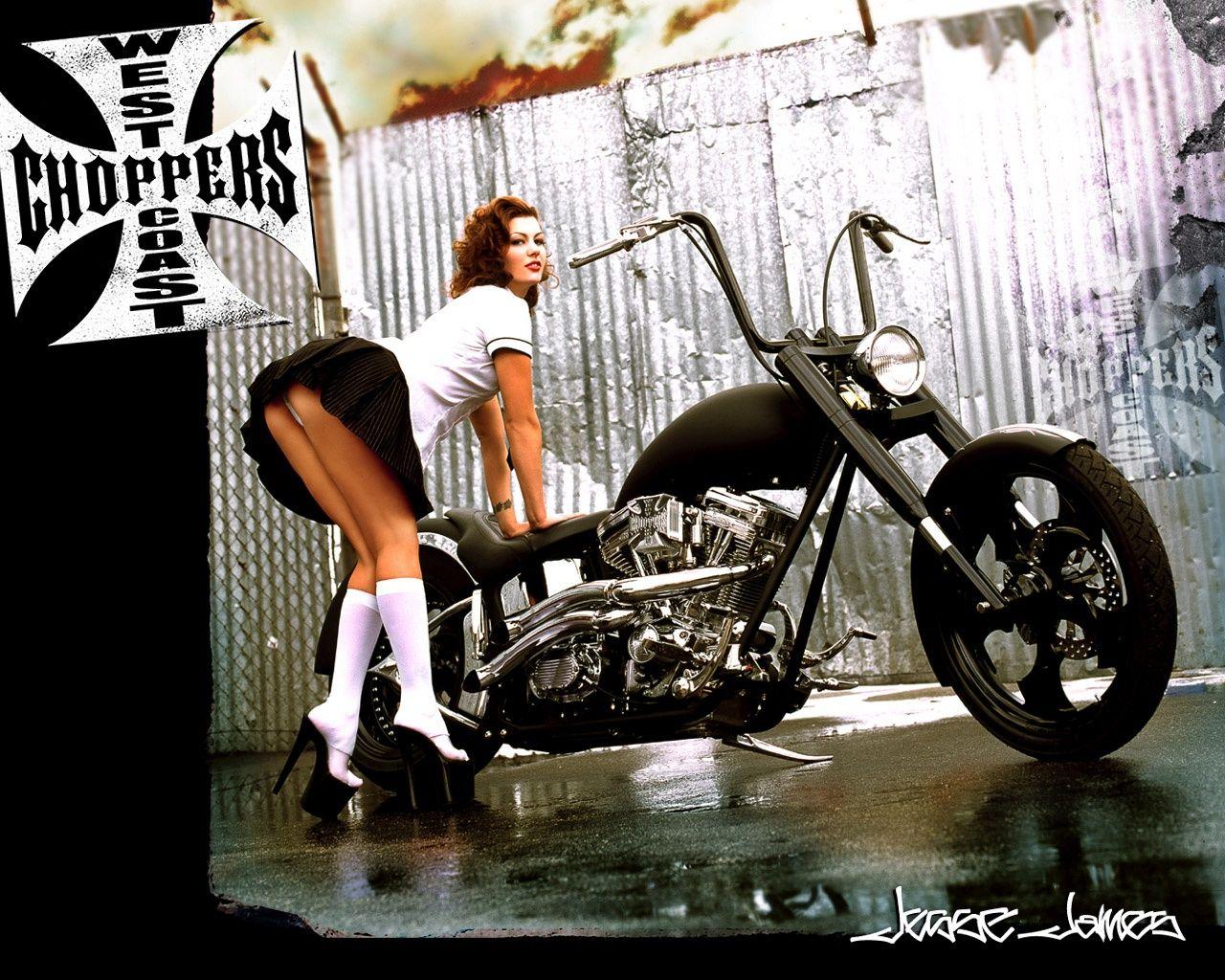 1280x1024 West Coast Choppers Motorcycle and hot girl in schoolgirl style